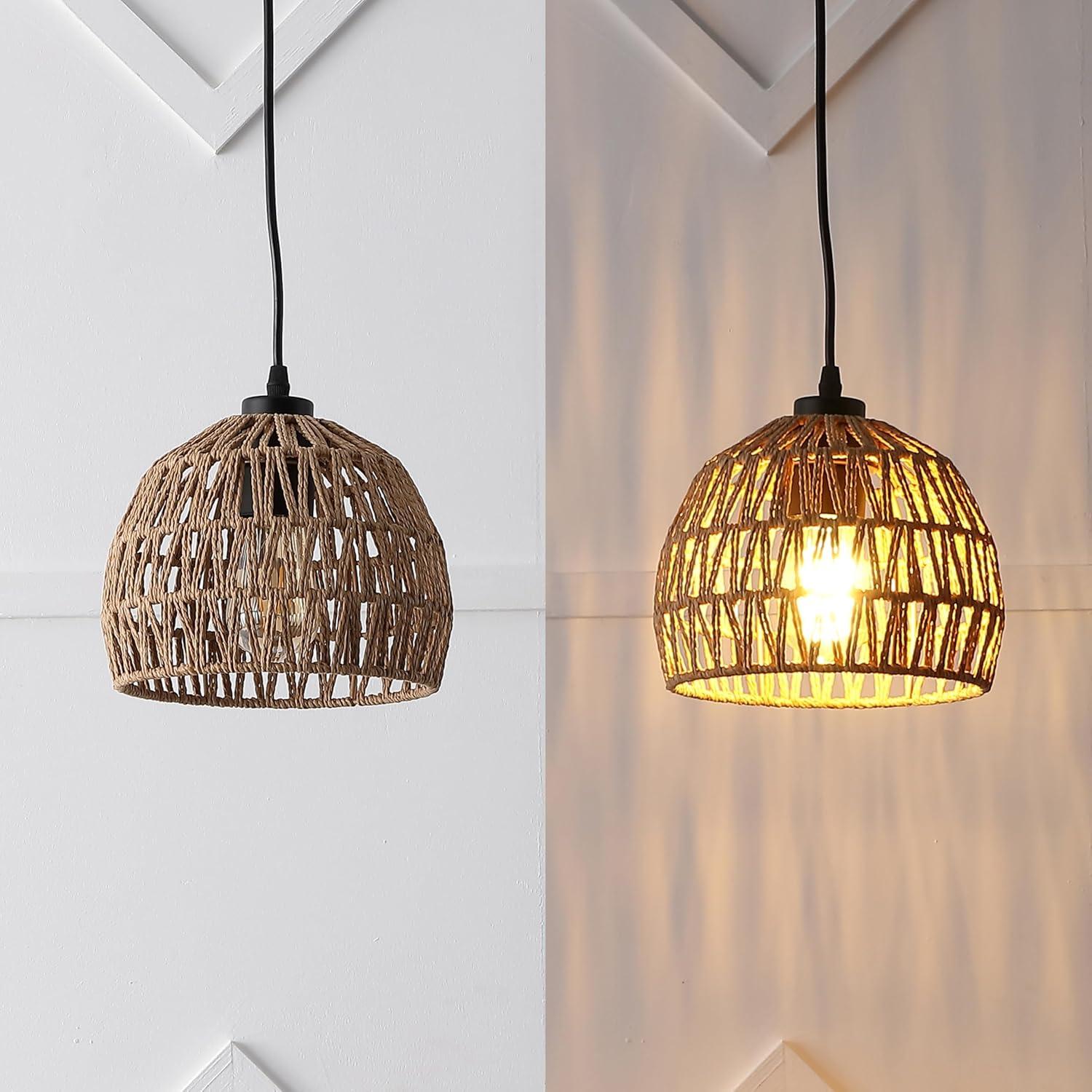 image:imageJONATHAN Y 20 Brown Modern Bohemian Woven Rope LED Pendant Light Fixture Adjustable Dome Ceiling Lamp for Kitchen Island Rope Shade Coastal Farmhouse Decor JYL6504FBrownBlack