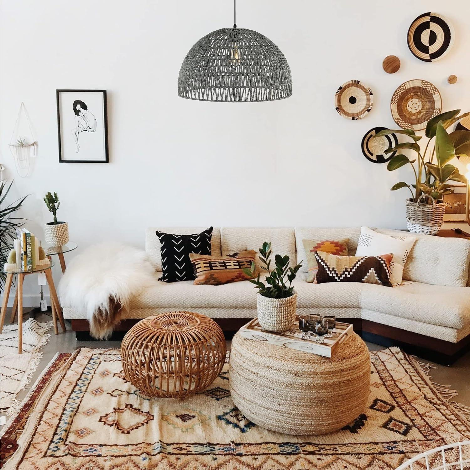 image:imageJONATHAN Y 20 Brown Modern Bohemian Woven Rope LED Pendant Light Fixture Adjustable Dome Ceiling Lamp for Kitchen Island Rope Shade Coastal Farmhouse Decor JYL6504FGray
