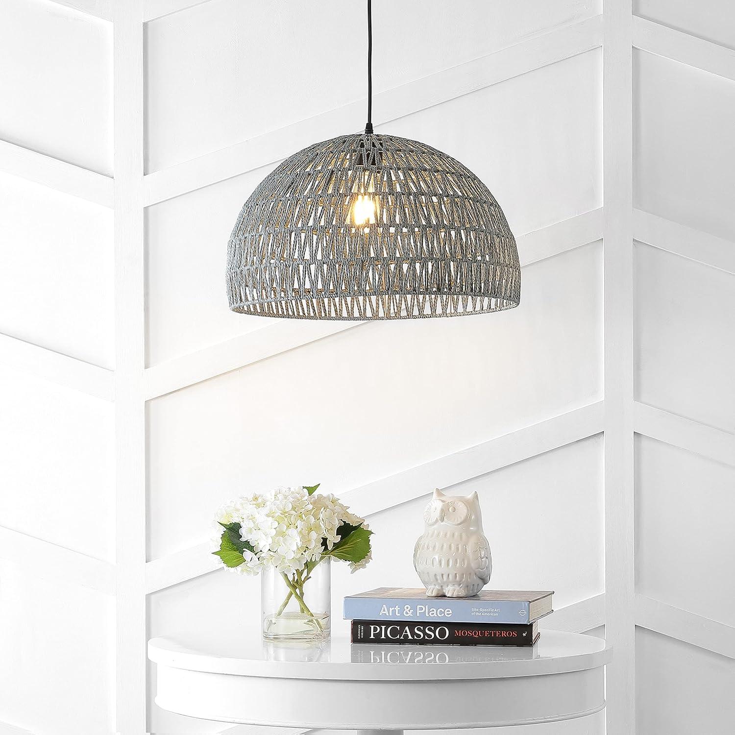 image:imageJONATHAN Y 20 Brown Modern Bohemian Woven Rope LED Pendant Light Fixture Adjustable Dome Ceiling Lamp for Kitchen Island Rope Shade Coastal Farmhouse Decor JYL6504FGray