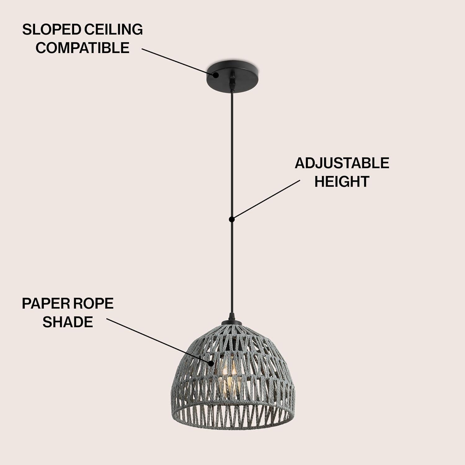 image:imageJONATHAN Y 20 Brown Modern Bohemian Woven Rope LED Pendant Light Fixture Adjustable Dome Ceiling Lamp for Kitchen Island Rope Shade Coastal Farmhouse Decor JYL6504FGray