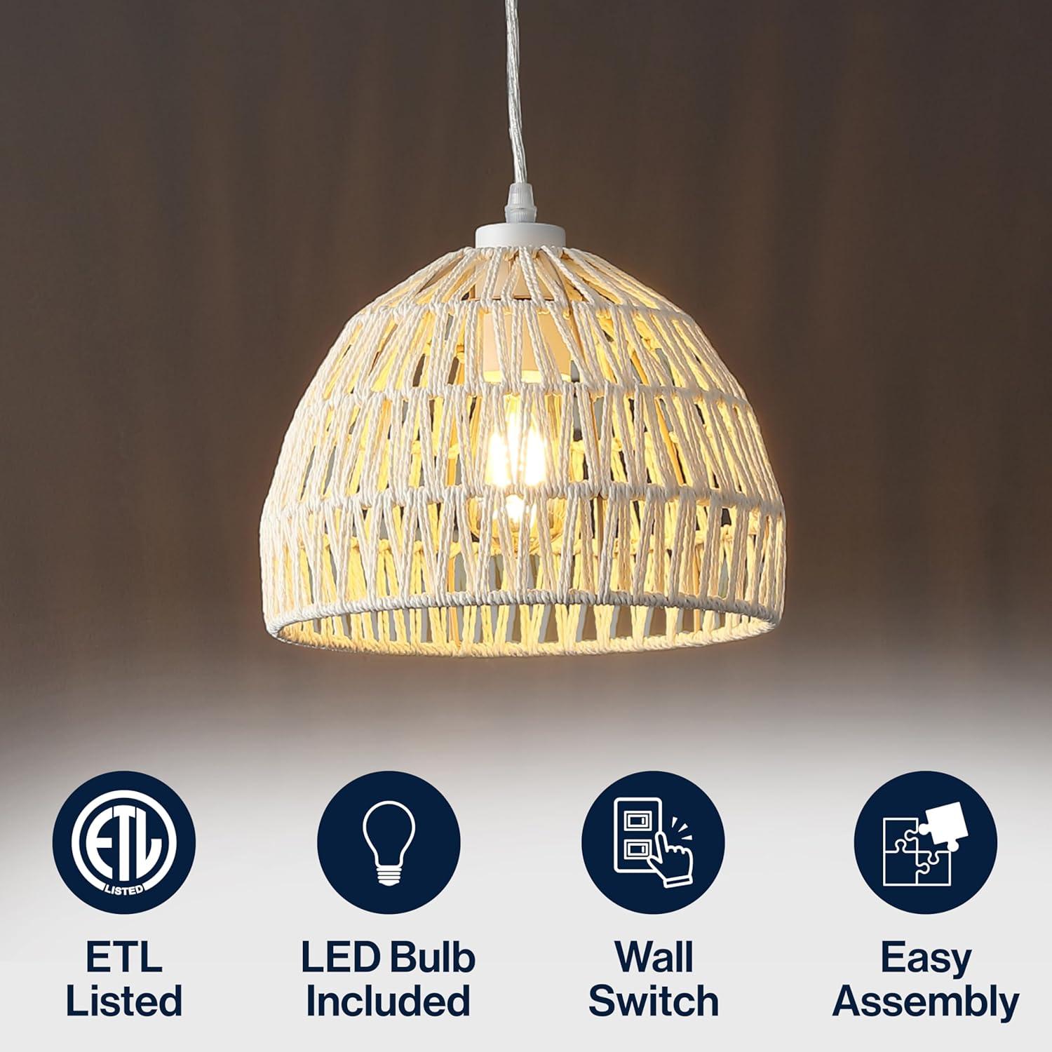 image:imageJONATHAN Y 20 Brown Modern Bohemian Woven Rope LED Pendant Light Fixture Adjustable Dome Ceiling Lamp for Kitchen Island Rope Shade Coastal Farmhouse Decor JYL6504FCream