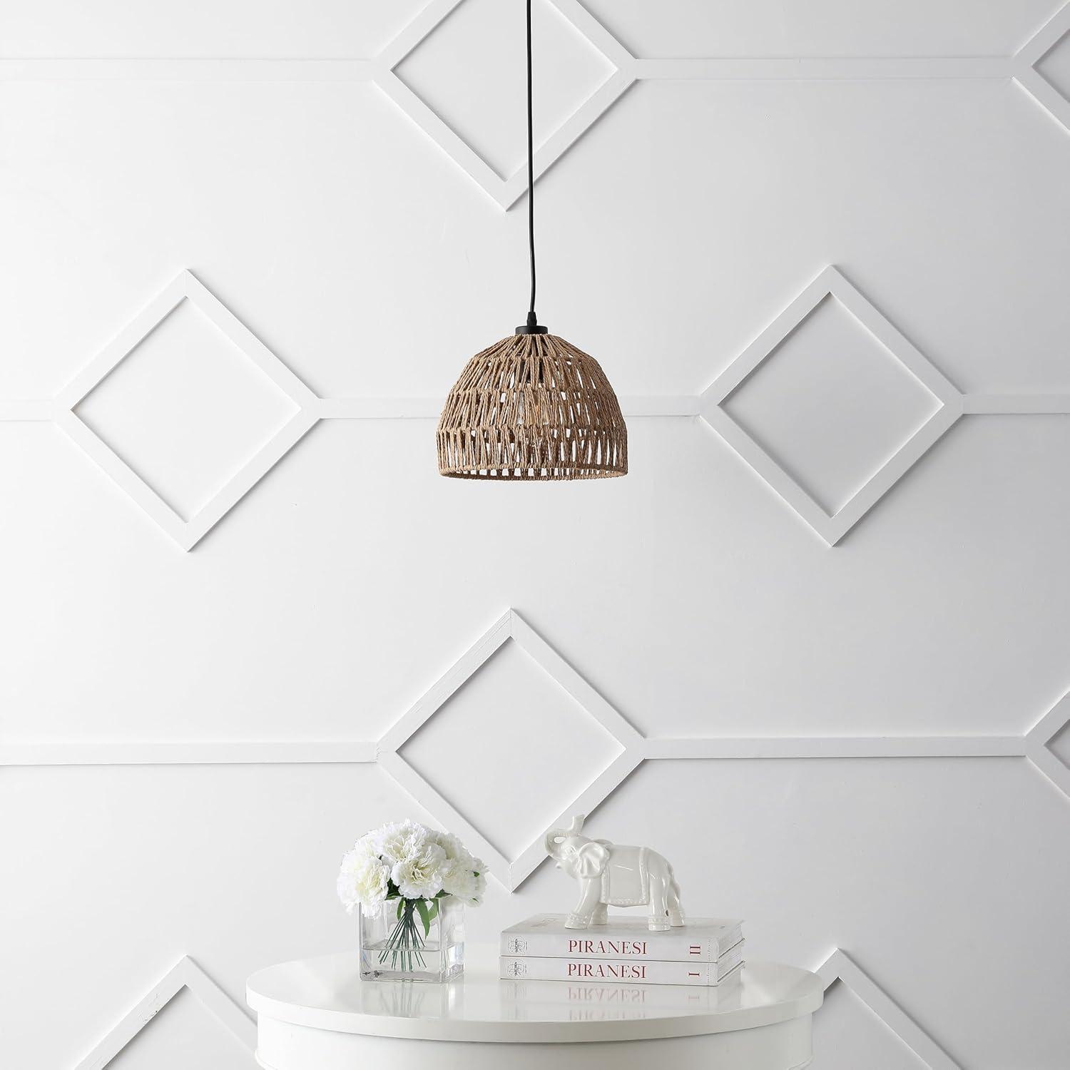image:imageJONATHAN Y 20 Brown Modern Bohemian Woven Rope LED Pendant Light Fixture Adjustable Dome Ceiling Lamp for Kitchen Island Rope Shade Coastal Farmhouse Decor JYL6504FBrownBlack