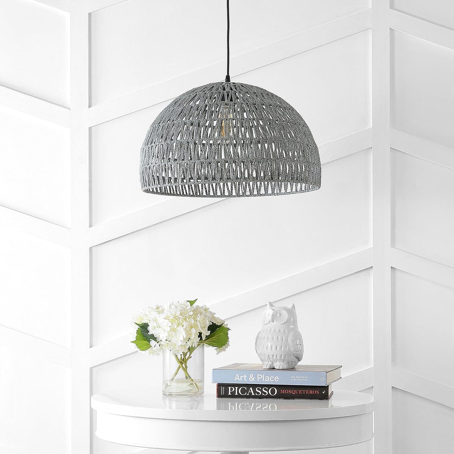 image:imageJONATHAN Y 20 Brown Modern Bohemian Woven Rope LED Pendant Light Fixture Adjustable Dome Ceiling Lamp for Kitchen Island Rope Shade Coastal Farmhouse Decor JYL6504FGray