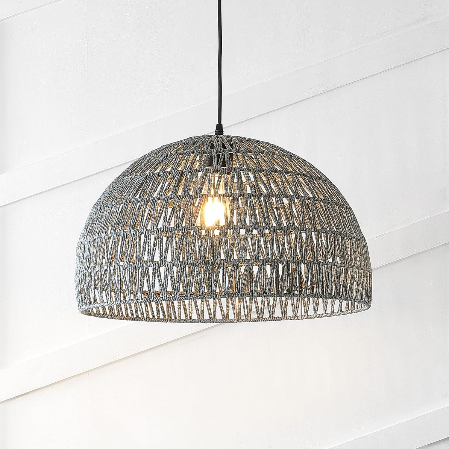 image:imageJONATHAN Y 20 Brown Modern Bohemian Woven Rope LED Pendant Light Fixture Adjustable Dome Ceiling Lamp for Kitchen Island Rope Shade Coastal Farmhouse Decor JYL6504FGray