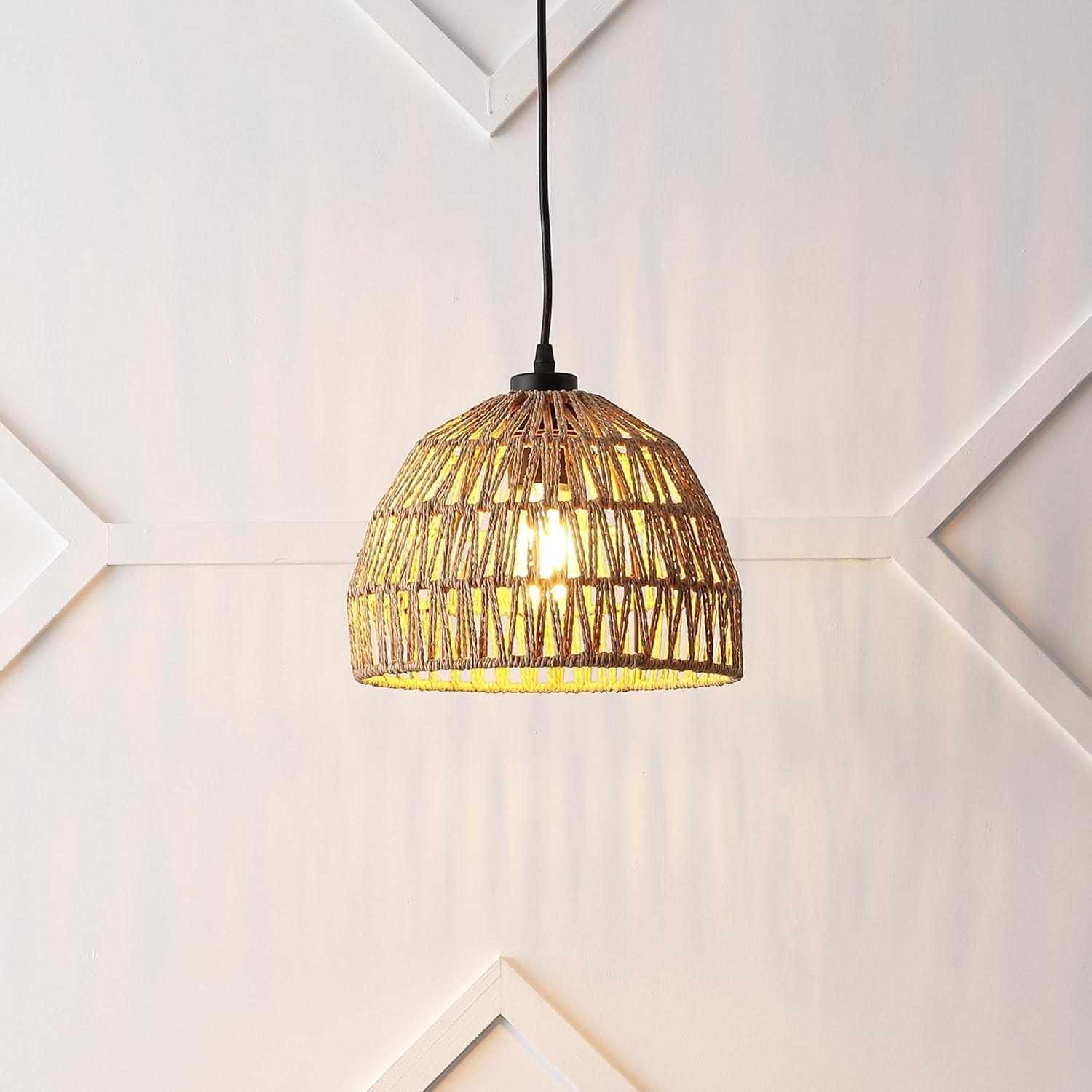 image:imageJONATHAN Y 20 Brown Modern Bohemian Woven Rope LED Pendant Light Fixture Adjustable Dome Ceiling Lamp for Kitchen Island Rope Shade Coastal Farmhouse Decor JYL6504FBrownBlack