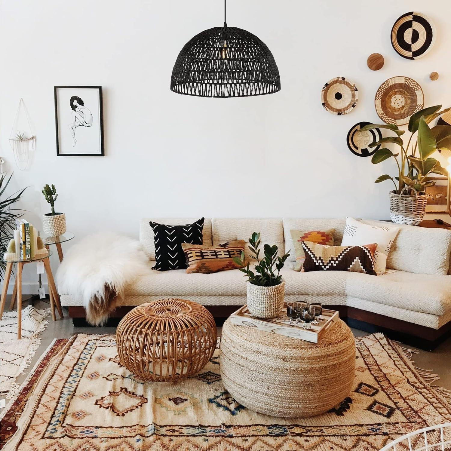image:imageJONATHAN Y 20 Brown Modern Bohemian Woven Rope LED Pendant Light Fixture Adjustable Dome Ceiling Lamp for Kitchen Island Rope Shade Coastal Farmhouse Decor JYL6504FBlack