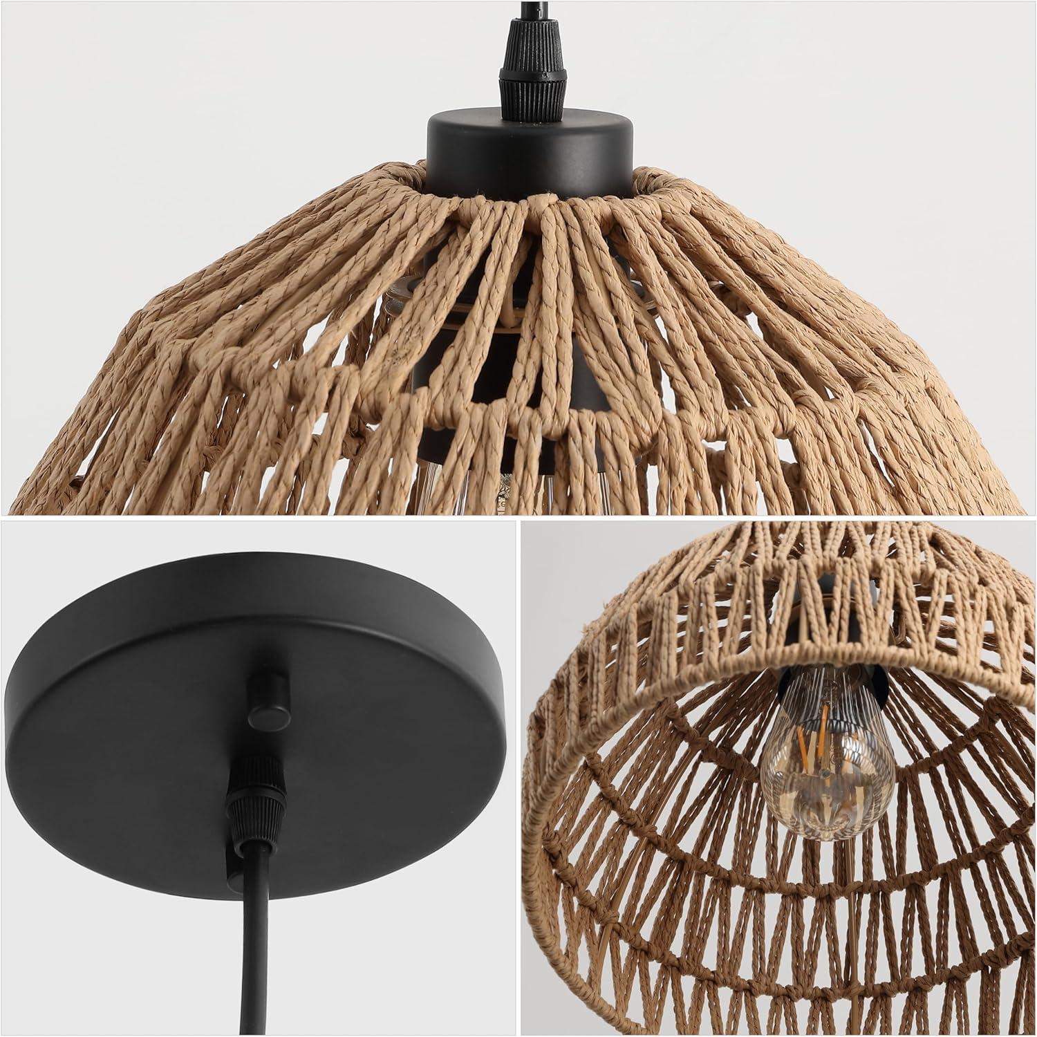 image:imageJONATHAN Y 20 Brown Modern Bohemian Woven Rope LED Pendant Light Fixture Adjustable Dome Ceiling Lamp for Kitchen Island Rope Shade Coastal Farmhouse Decor JYL6504FBrownBlack