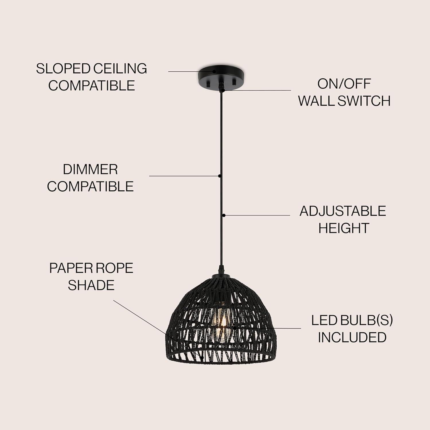image:imageJONATHAN Y 20 Brown Modern Bohemian Woven Rope LED Pendant Light Fixture Adjustable Dome Ceiling Lamp for Kitchen Island Rope Shade Coastal Farmhouse Decor JYL6504FBlack