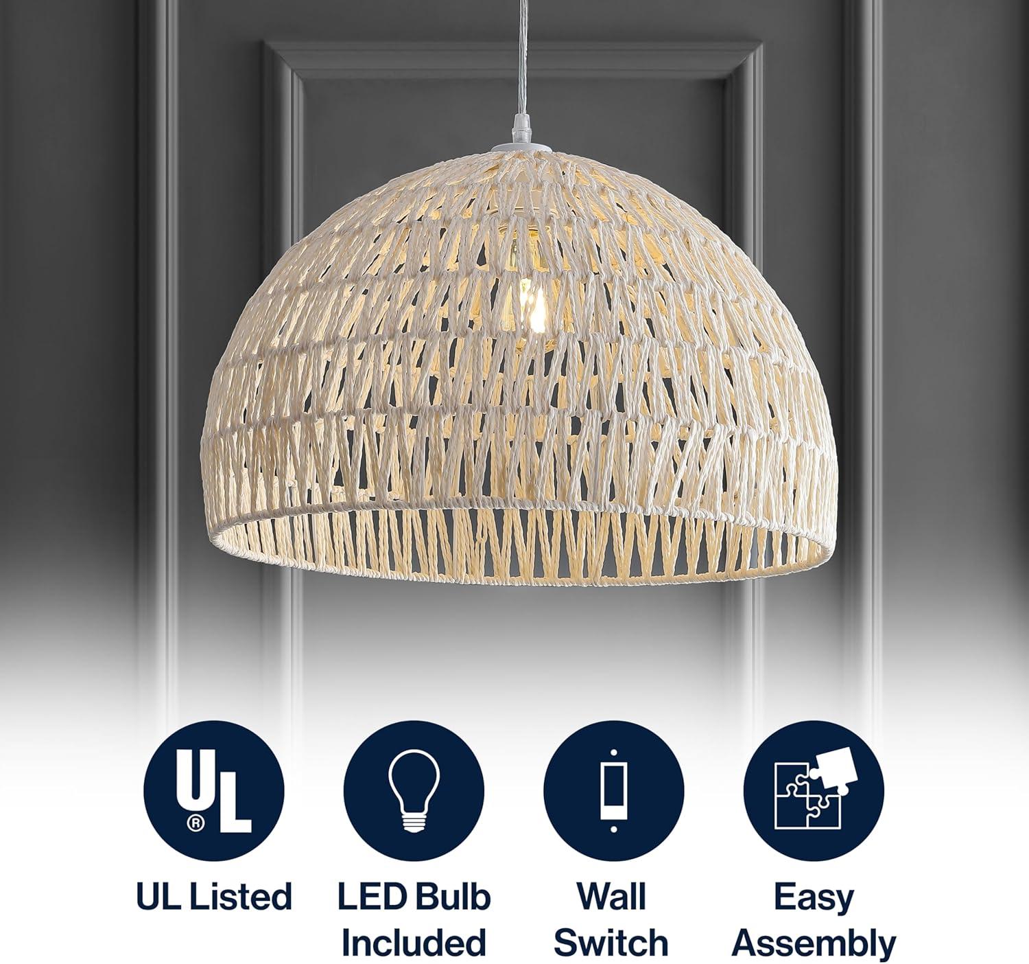 image:imageJONATHAN Y 20 Brown Modern Bohemian Woven Rope LED Pendant Light Fixture Adjustable Dome Ceiling Lamp for Kitchen Island Rope Shade Coastal Farmhouse Decor JYL6504FCream