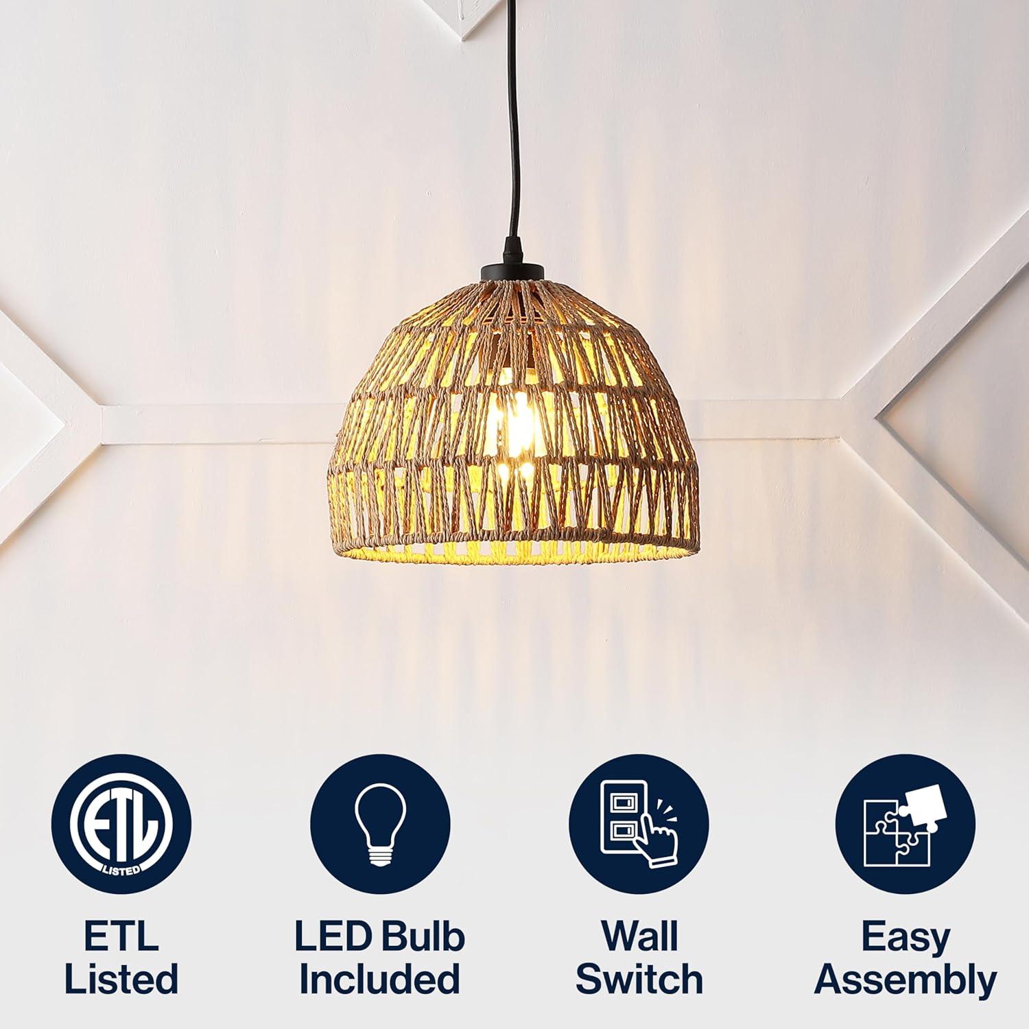 image:imageJONATHAN Y 20 Brown Modern Bohemian Woven Rope LED Pendant Light Fixture Adjustable Dome Ceiling Lamp for Kitchen Island Rope Shade Coastal Farmhouse Decor JYL6504FBrownBlack