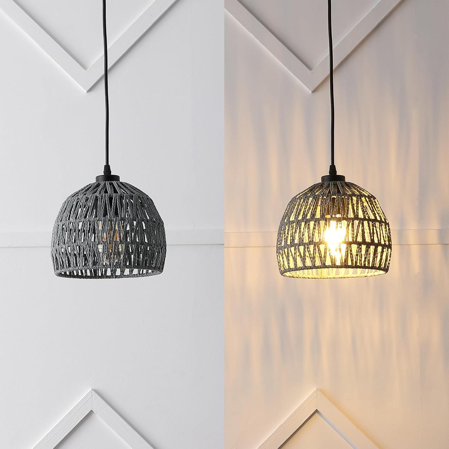image:imageJONATHAN Y 20 Brown Modern Bohemian Woven Rope LED Pendant Light Fixture Adjustable Dome Ceiling Lamp for Kitchen Island Rope Shade Coastal Farmhouse Decor JYL6504FGray