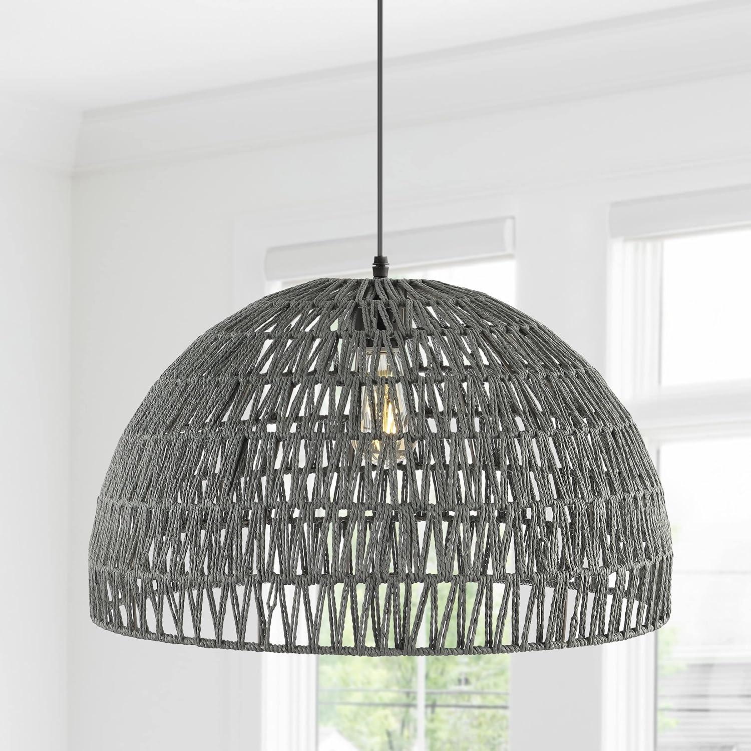 image:imageJONATHAN Y 20 Brown Modern Bohemian Woven Rope LED Pendant Light Fixture Adjustable Dome Ceiling Lamp for Kitchen Island Rope Shade Coastal Farmhouse Decor JYL6504FGray