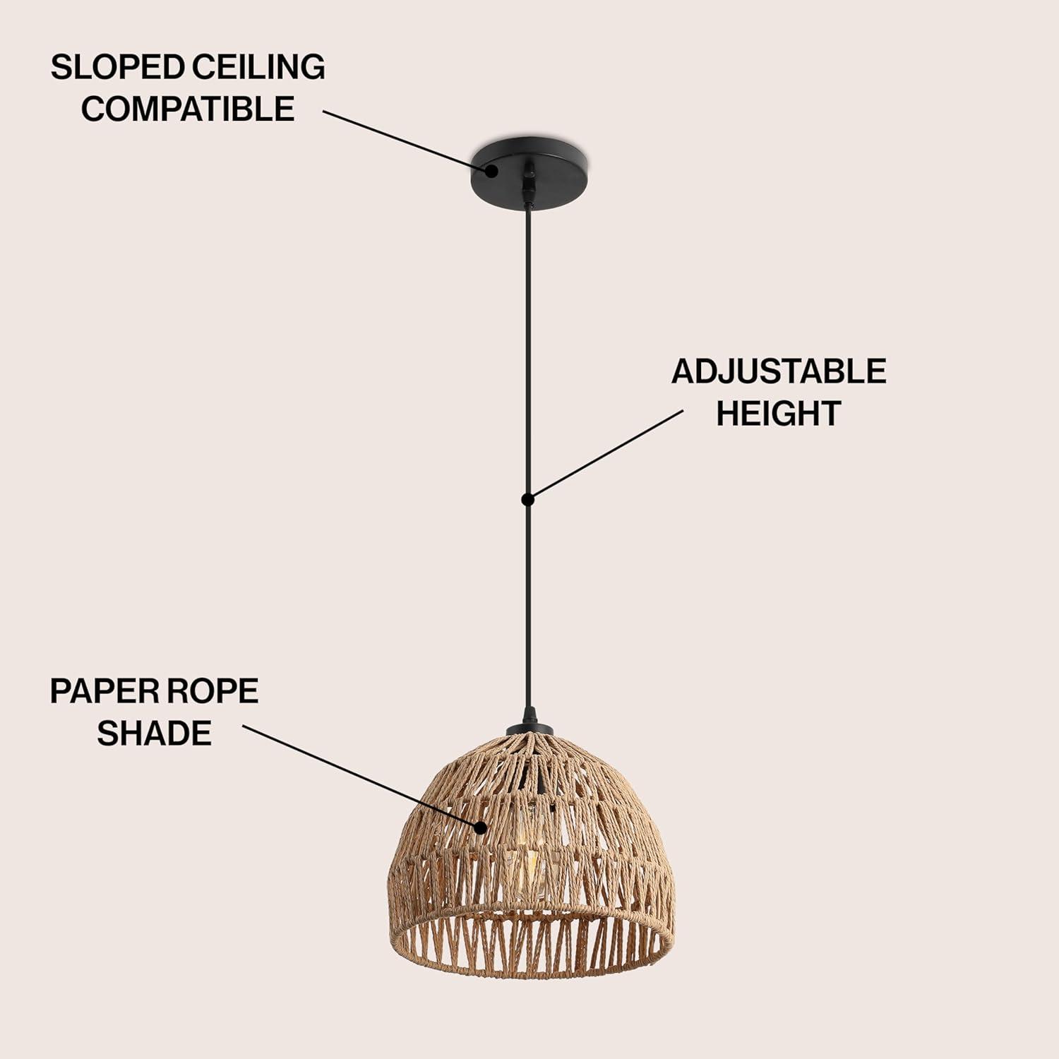 image:imageJONATHAN Y 20 Brown Modern Bohemian Woven Rope LED Pendant Light Fixture Adjustable Dome Ceiling Lamp for Kitchen Island Rope Shade Coastal Farmhouse Decor JYL6504FBrownBlack