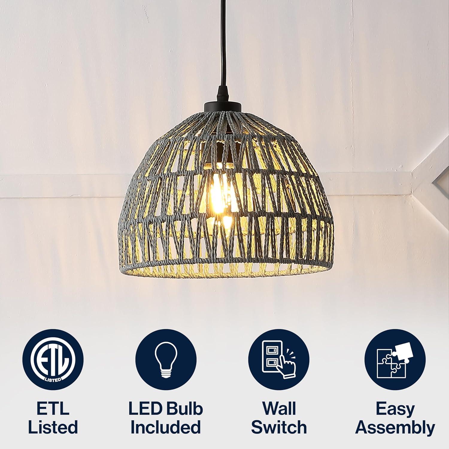 image:imageJONATHAN Y 20 Brown Modern Bohemian Woven Rope LED Pendant Light Fixture Adjustable Dome Ceiling Lamp for Kitchen Island Rope Shade Coastal Farmhouse Decor JYL6504FGray