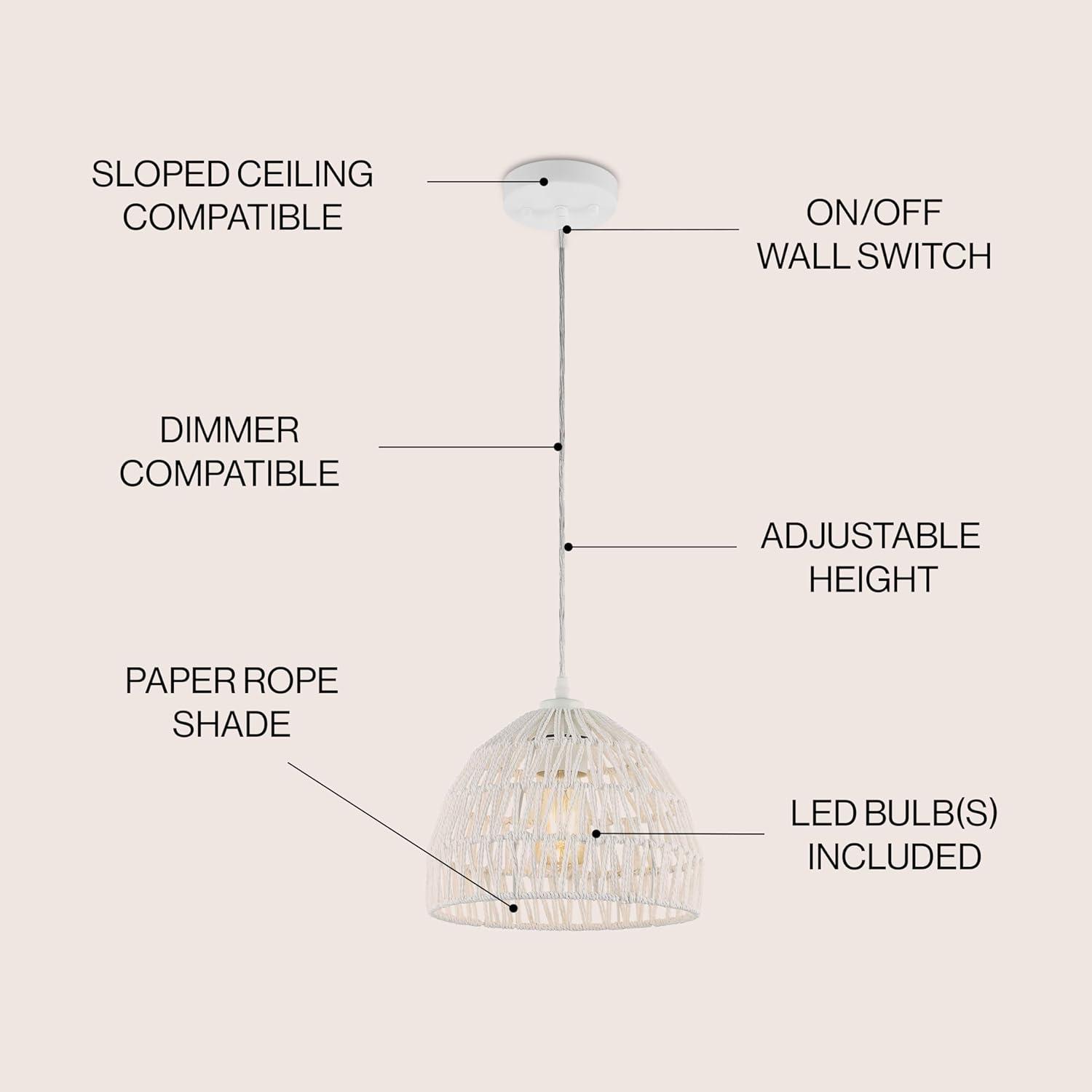 image:imageJONATHAN Y 20 Brown Modern Bohemian Woven Rope LED Pendant Light Fixture Adjustable Dome Ceiling Lamp for Kitchen Island Rope Shade Coastal Farmhouse Decor JYL6504FWhite