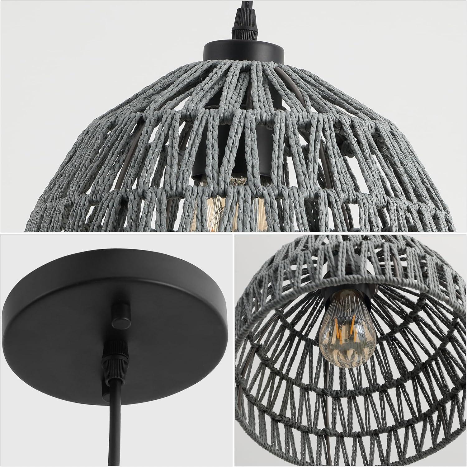 image:imageJONATHAN Y 20 Brown Modern Bohemian Woven Rope LED Pendant Light Fixture Adjustable Dome Ceiling Lamp for Kitchen Island Rope Shade Coastal Farmhouse Decor JYL6504FGray