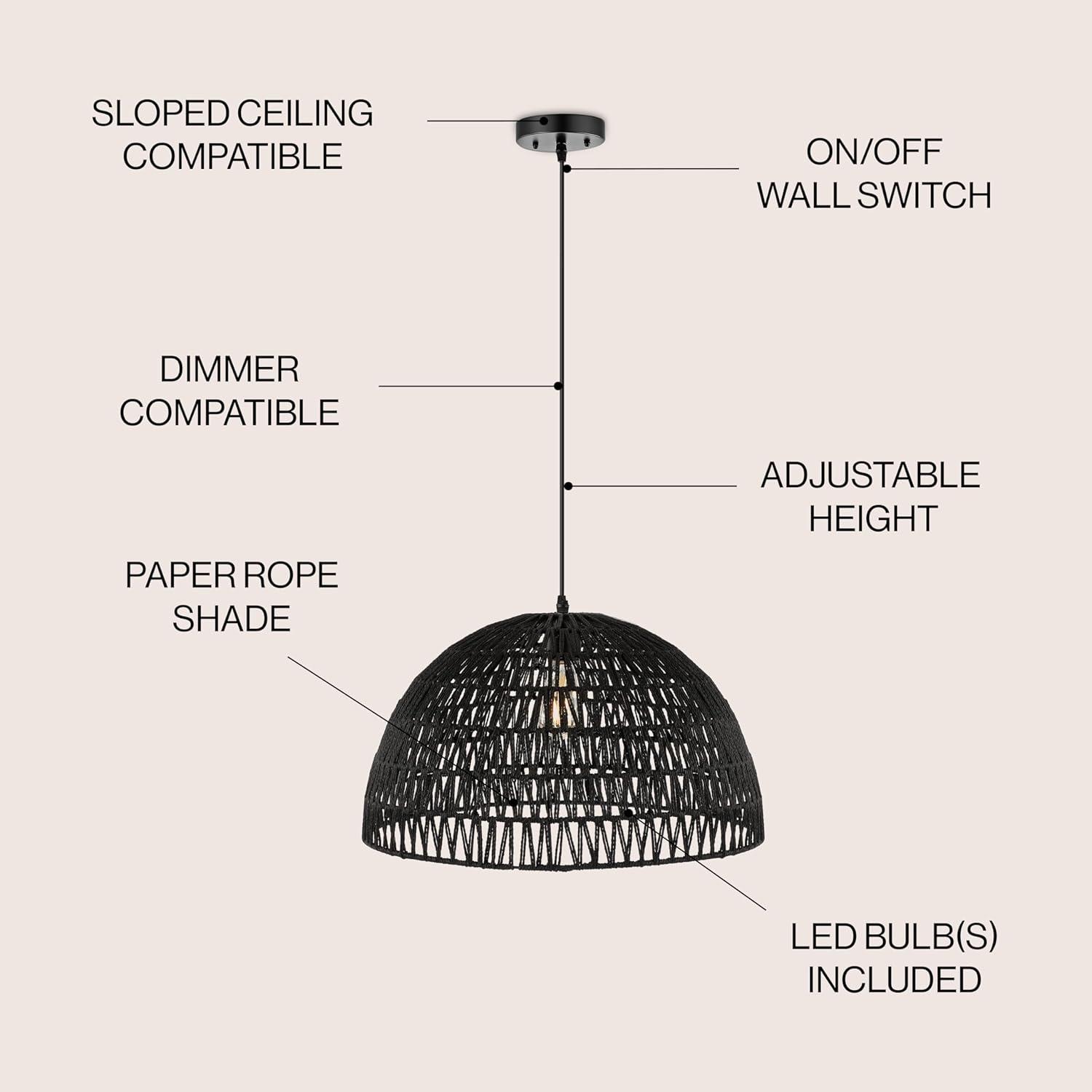 image:imageJONATHAN Y 20 Brown Modern Bohemian Woven Rope LED Pendant Light Fixture Adjustable Dome Ceiling Lamp for Kitchen Island Rope Shade Coastal Farmhouse Decor JYL6504FBlack