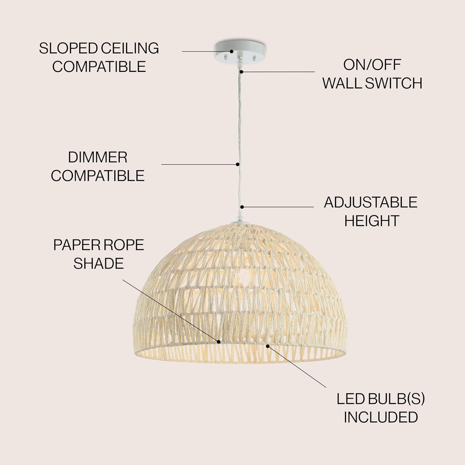 image:imageJONATHAN Y 20 Brown Modern Bohemian Woven Rope LED Pendant Light Fixture Adjustable Dome Ceiling Lamp for Kitchen Island Rope Shade Coastal Farmhouse Decor JYL6504FCream