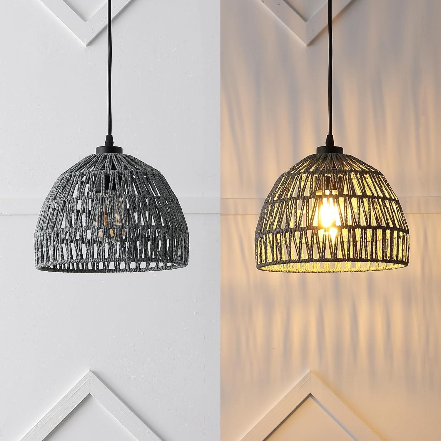 image:imageJONATHAN Y 20 Brown Modern Bohemian Woven Rope LED Pendant Light Fixture Adjustable Dome Ceiling Lamp for Kitchen Island Rope Shade Coastal Farmhouse Decor JYL6504FGray