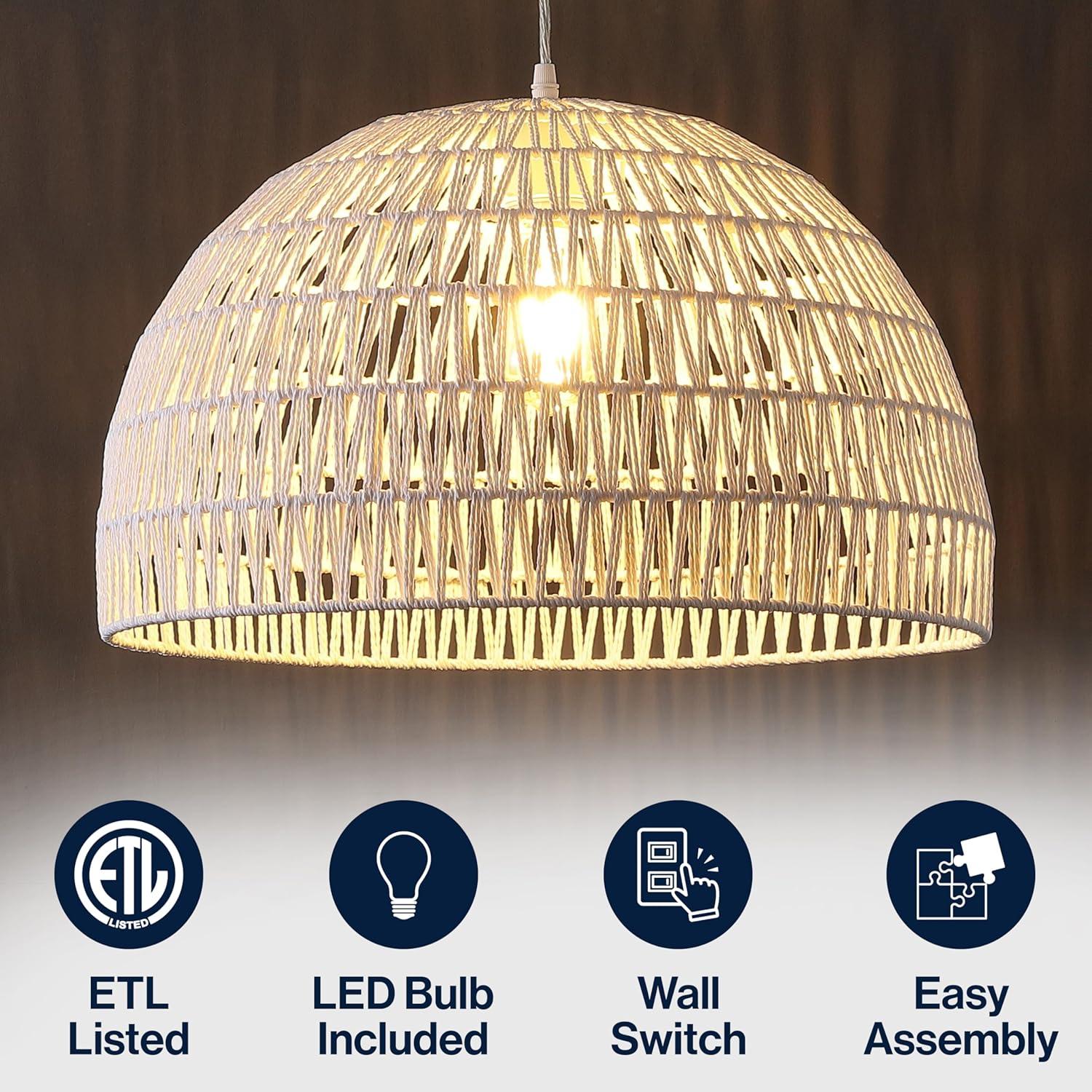 image:imageJONATHAN Y 20 Brown Modern Bohemian Woven Rope LED Pendant Light Fixture Adjustable Dome Ceiling Lamp for Kitchen Island Rope Shade Coastal Farmhouse Decor JYL6504FWhite