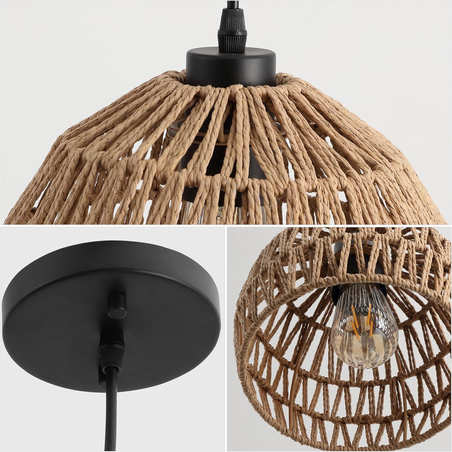 image:imageJONATHAN Y 20 Brown Modern Bohemian Woven Rope LED Pendant Light Fixture Adjustable Dome Ceiling Lamp for Kitchen Island Rope Shade Coastal Farmhouse Decor JYL6504FBrownBlack