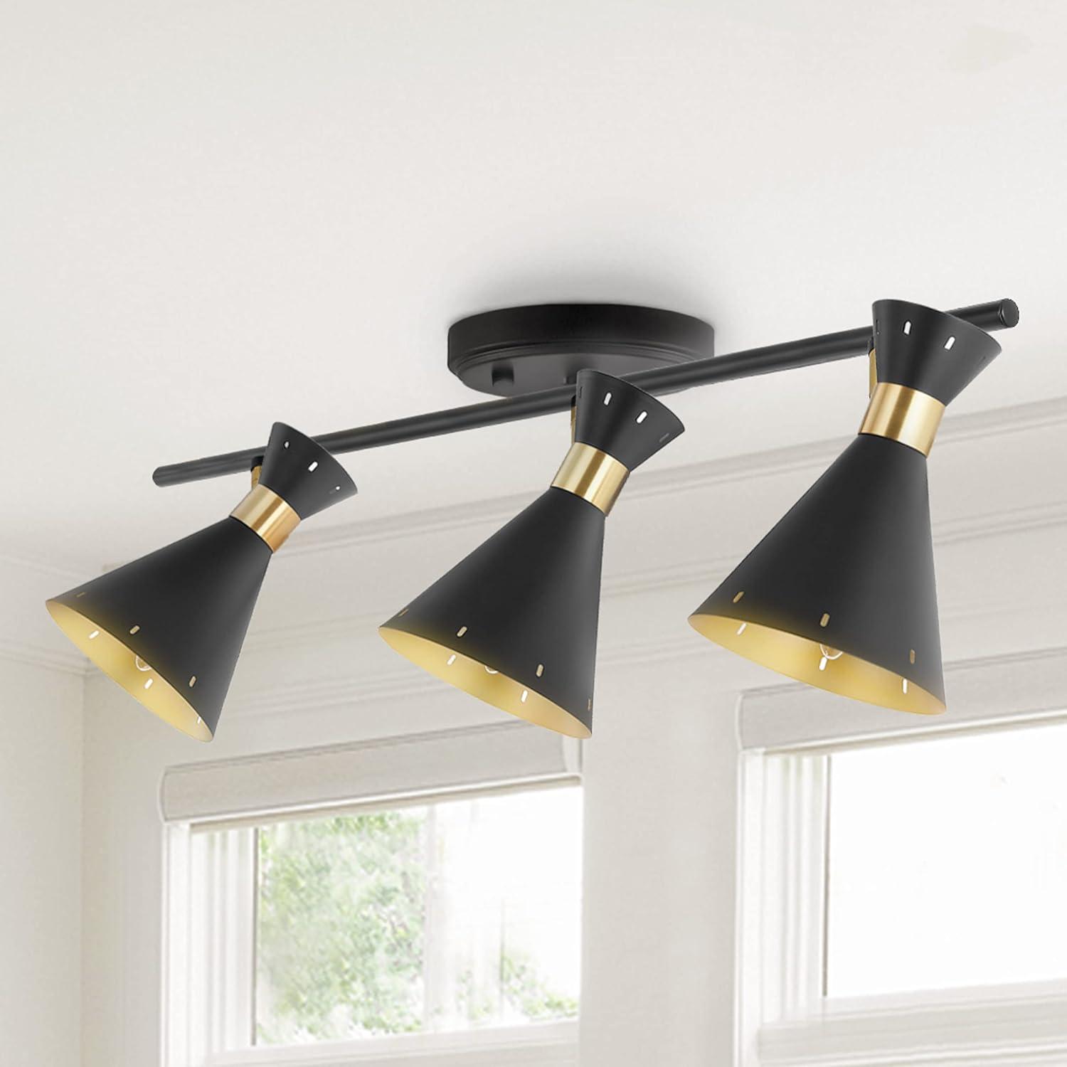 image:imageJONATHAN Y 305 BlackGold 3Light MidCentury LED Track Light Fixture Adjustable Black Metal Shades Retro Spotlight for Kitchen Living Room LED Bulbs Included JYL9905ABlackBrass Gold