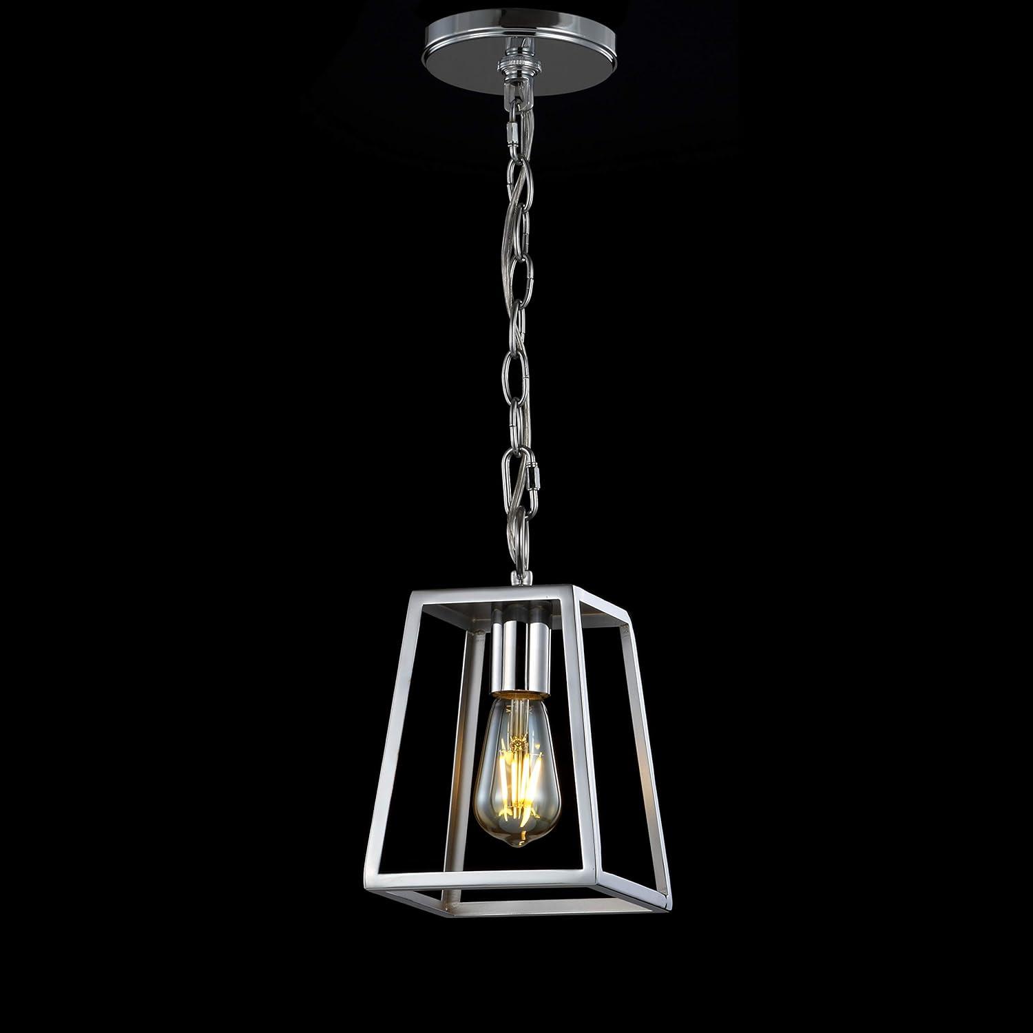 image:imageJONATHAN Y 625 Chrome Adjustable Metal LED Pendant Light Hanging Lantern with Metal Shade Traditional Open Frame Ceiling Fixture for Kitchen Island LED Bulb JYL3525AChrome