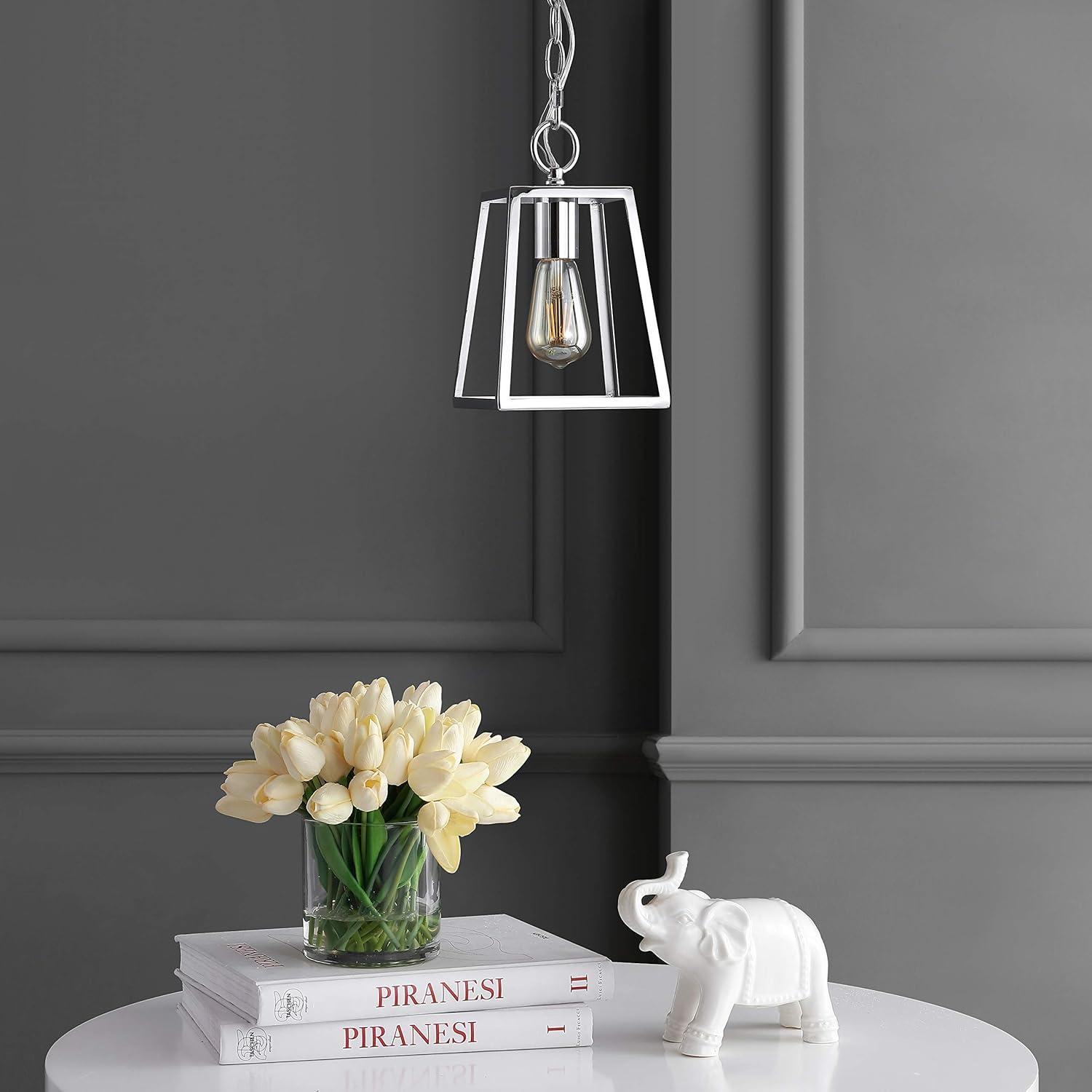 image:imageJONATHAN Y 625 Chrome Adjustable Metal LED Pendant Light Hanging Lantern with Metal Shade Traditional Open Frame Ceiling Fixture for Kitchen Island LED Bulb JYL3525AChrome