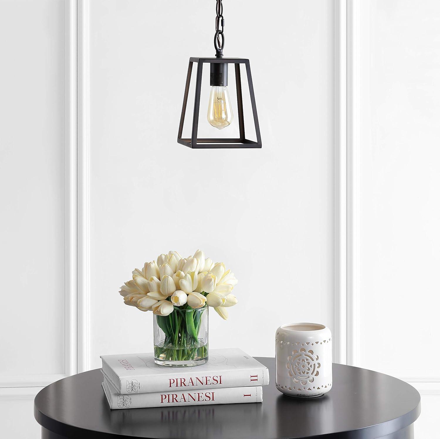 image:imageJONATHAN Y 625 Chrome Adjustable Metal LED Pendant Light Hanging Lantern with Metal Shade Traditional Open Frame Ceiling Fixture for Kitchen Island LED Bulb JYL3525AOilRubbed Bronze