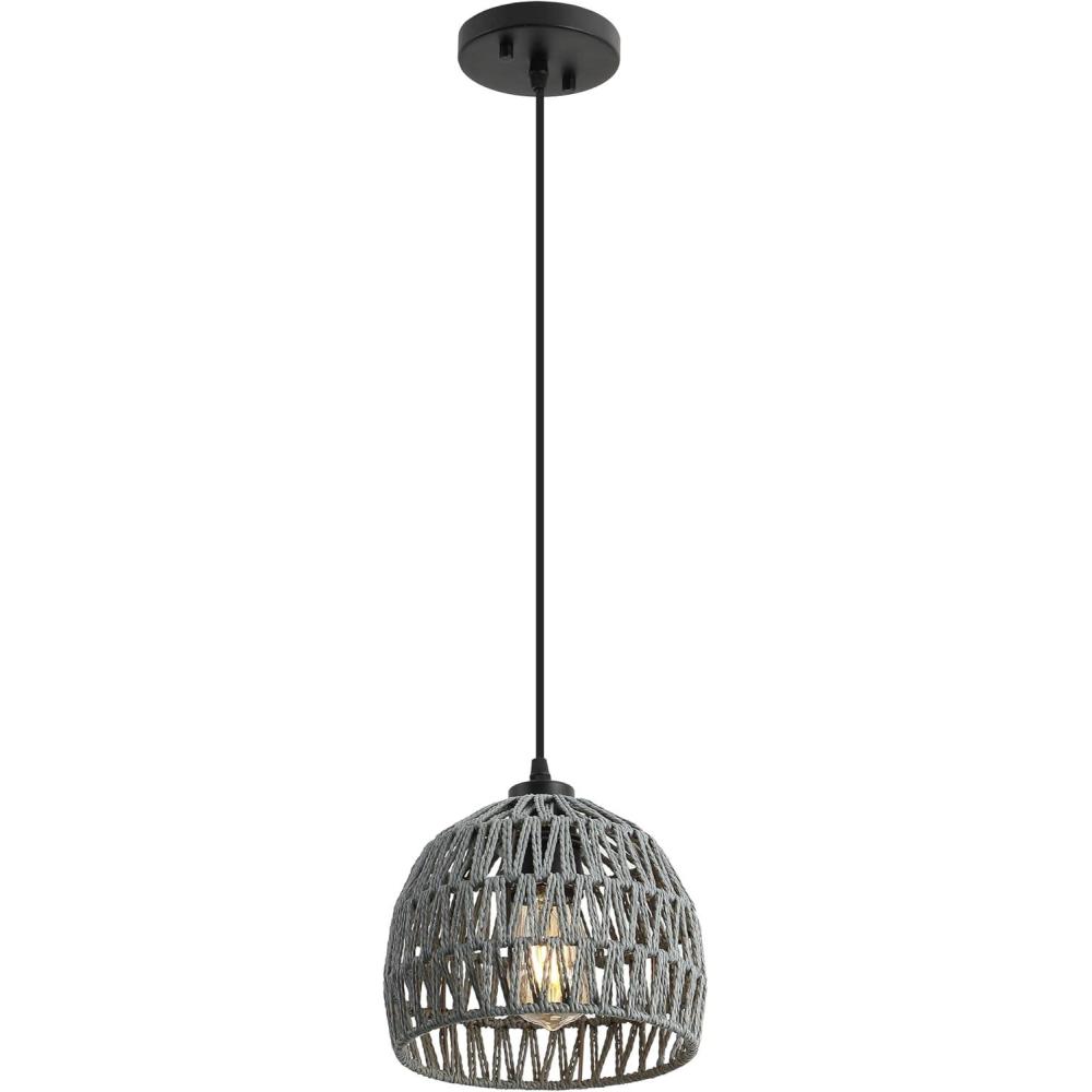 image:imageJONATHAN Y 20 Brown Modern Bohemian Woven Rope LED Pendant Light Fixture Adjustable Dome Ceiling Lamp for Kitchen Island Rope Shade Coastal Farmhouse Decor JYL6504FGray