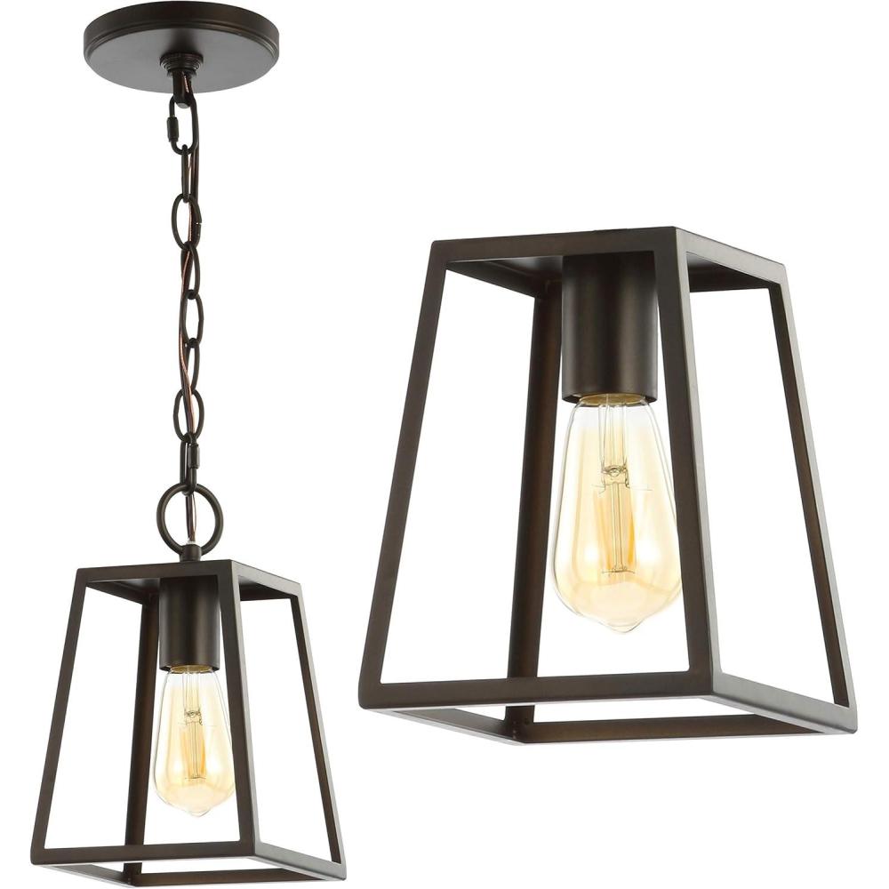 image:imageJONATHAN Y 625 Chrome Adjustable Metal LED Pendant Light Hanging Lantern with Metal Shade Traditional Open Frame Ceiling Fixture for Kitchen Island LED Bulb JYL3525AOilRubbed Bronze