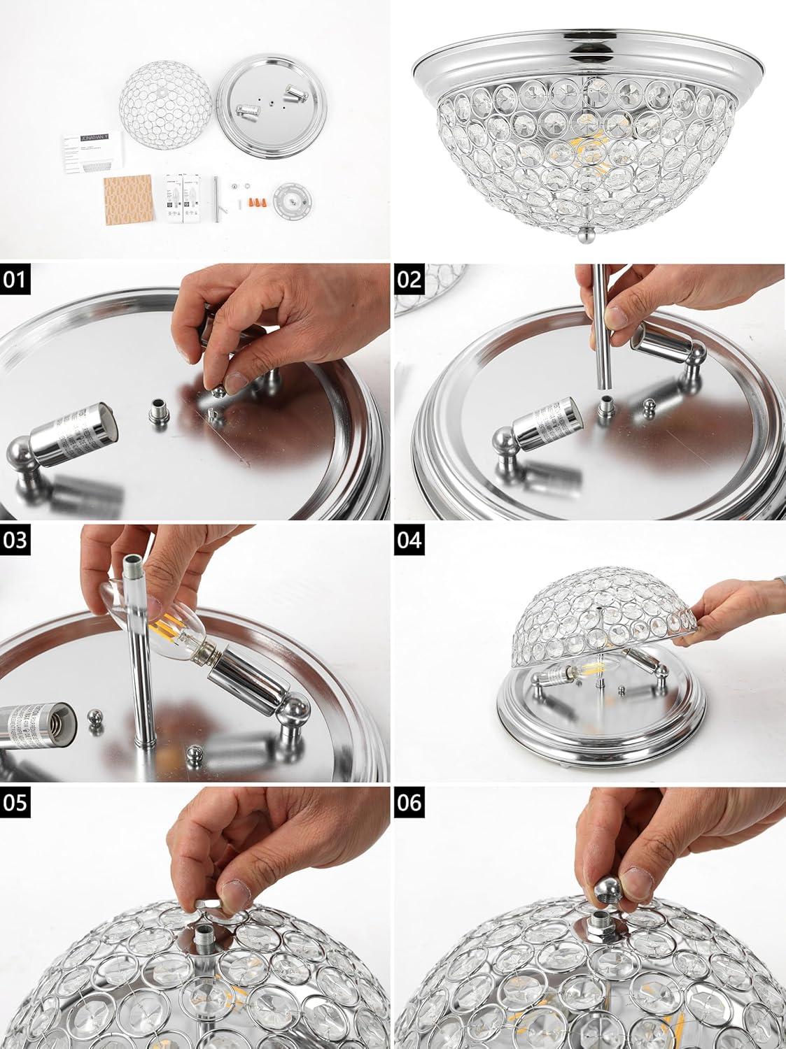 image:imageJONATHAN Y 12 Chrome 1Light Iron and Crystal Flush Mount Ceiling Light Set of 2 Glam Traditional Shimmering Dome Lamp for Hallway Bedroom Bathroom LED Bulbs Included JYL9901ASET2