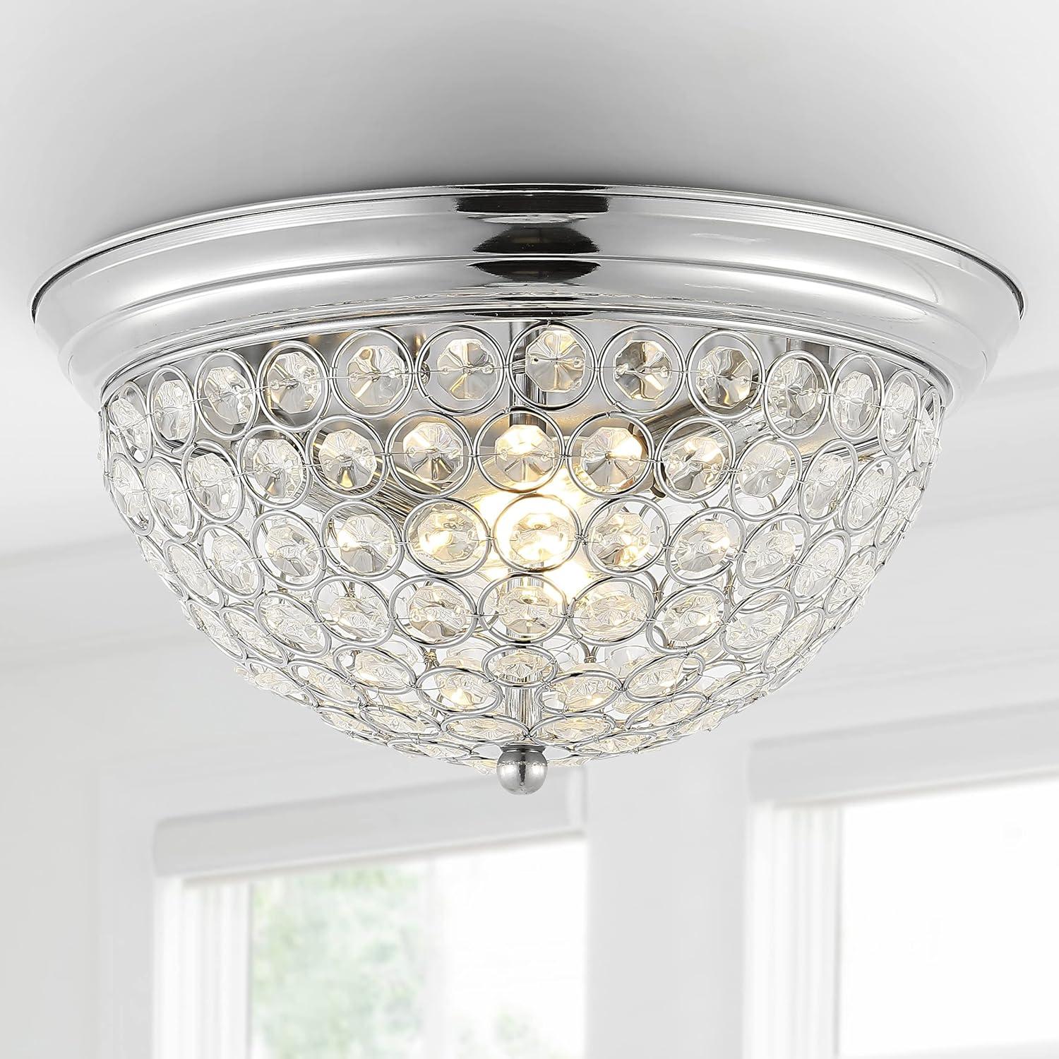 image:imageJONATHAN Y 12 Chrome 1Light Iron and Crystal Flush Mount Ceiling Light Set of 2 Glam Traditional Shimmering Dome Lamp for Hallway Bedroom Bathroom LED Bulbs Included JYL9901ASET2
