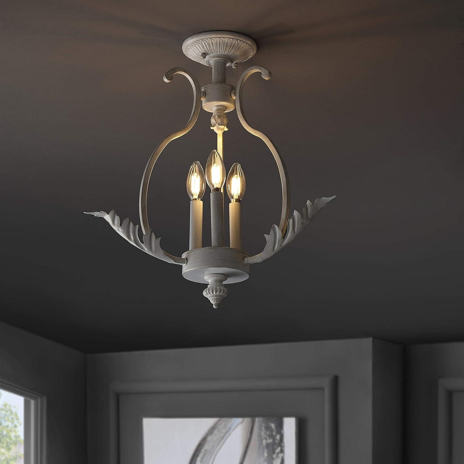 image:imageJONATHAN Y 122 Antique White 3Light Iron SemiFlush Mount CandleStyle Ceiling Fixture for Hallway Entryway Bedroom French Country Cottage Decor LED Bulbs Included JYL9522A
