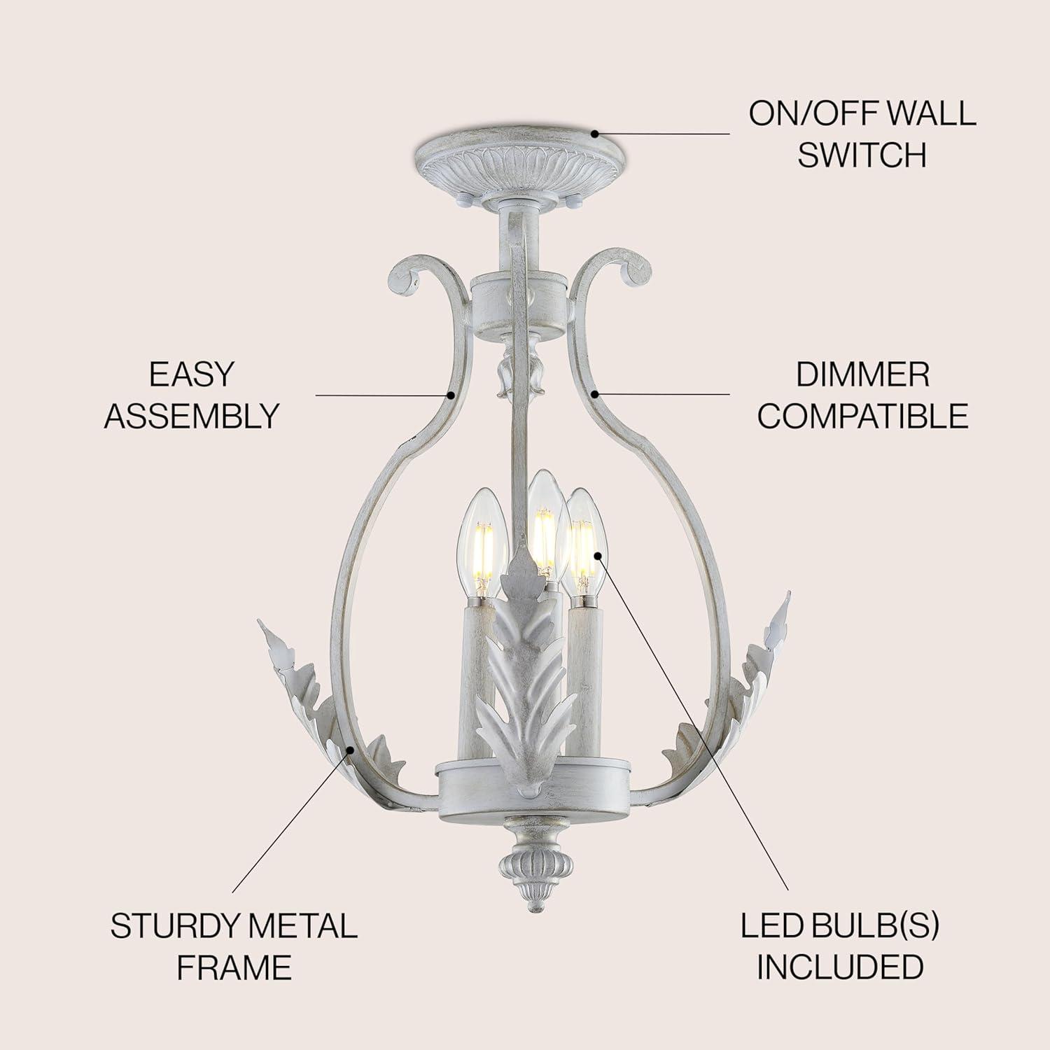 image:imageJONATHAN Y 122 Antique White 3Light Iron SemiFlush Mount CandleStyle Ceiling Fixture for Hallway Entryway Bedroom French Country Cottage Decor LED Bulbs Included JYL9522A