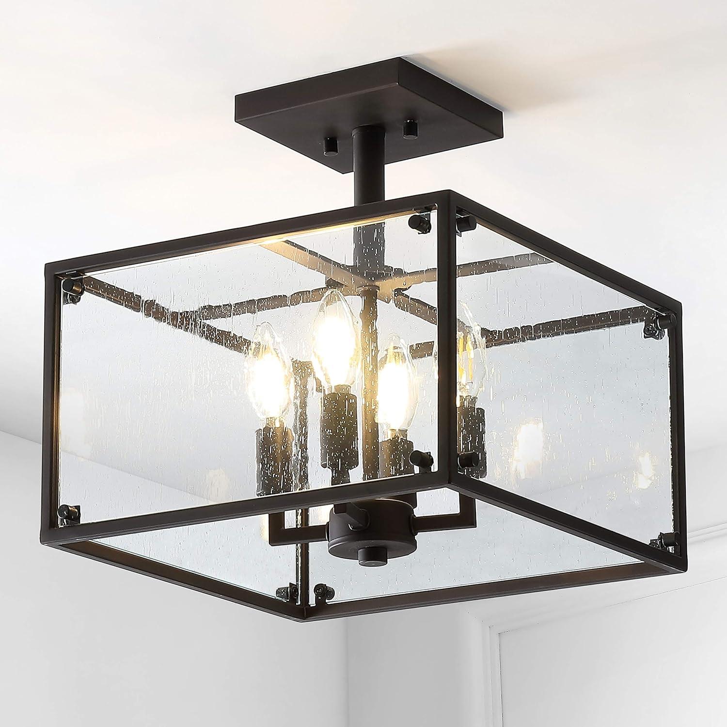 image:imageJONATHAN Y 13 Oil Rubbed Bronze 4Light Iron and Seeded Glass Flush Mount Rustic Farmhouse Square Ceiling Light for Kitchen Bedroom Entryway UL Listed LED Bulbs Included JYL7514A