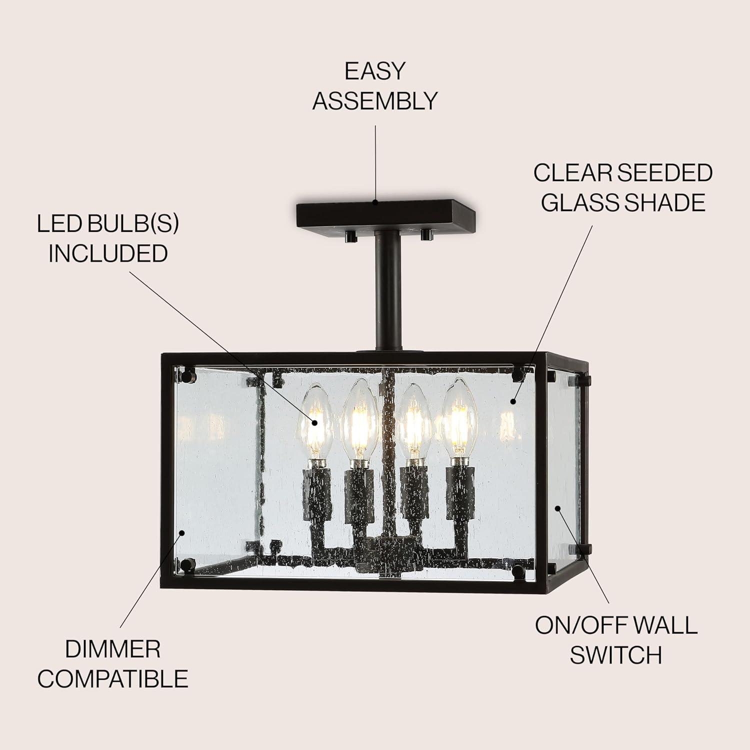 image:imageJONATHAN Y 13 Oil Rubbed Bronze 4Light Iron and Seeded Glass Flush Mount Rustic Farmhouse Square Ceiling Light for Kitchen Bedroom Entryway UL Listed LED Bulbs Included JYL7514A
