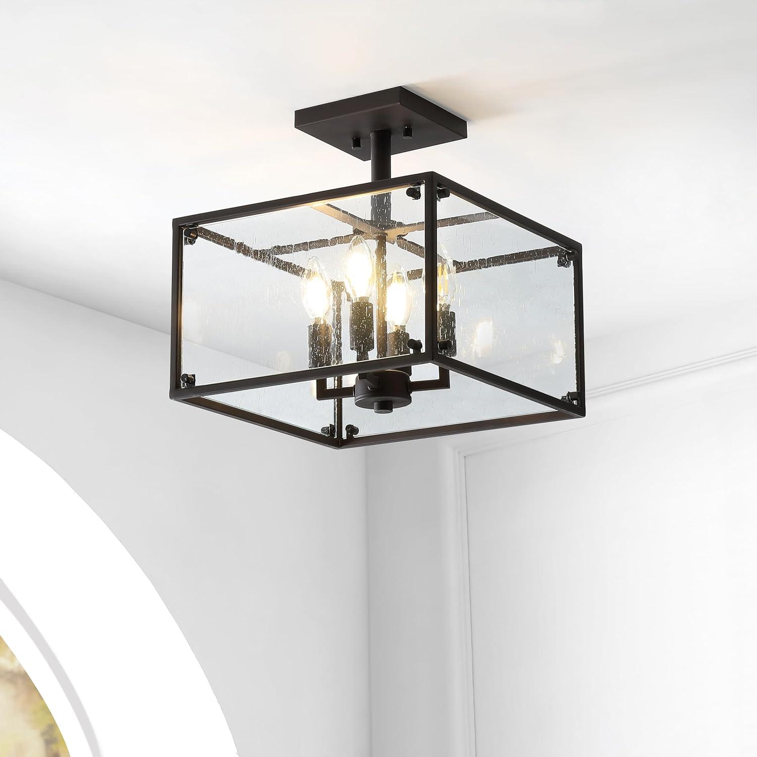 image:imageJONATHAN Y 13 Oil Rubbed Bronze 4Light Iron and Seeded Glass Flush Mount Rustic Farmhouse Square Ceiling Light for Kitchen Bedroom Entryway UL Listed LED Bulbs Included JYL7514A