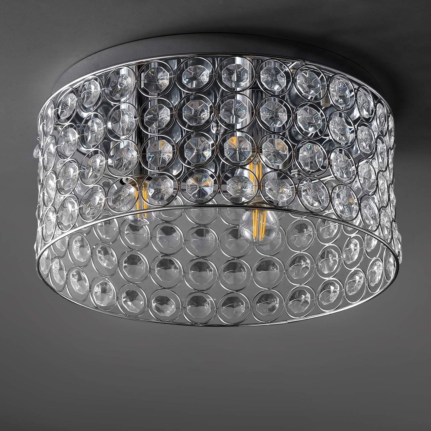 image:imageJONATHAN Y 15 Chrome 3Light Crystal and Iron Flush Mount Glam Modern Drum Ceiling Light Fixture for Hallway Bedroom Bathroom UL Listed LED Bulbs Included JYL6144A