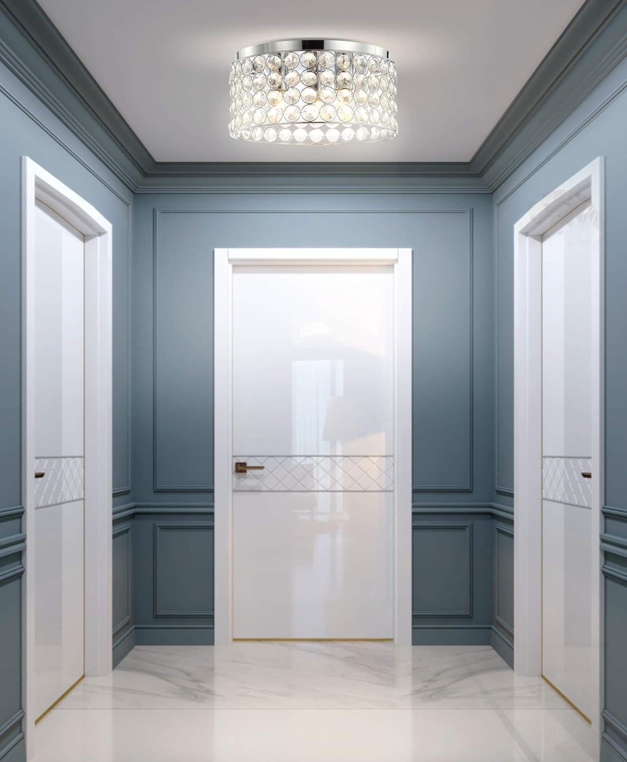 image:imageJONATHAN Y 15 Chrome 3Light Crystal and Iron Flush Mount Glam Modern Drum Ceiling Light Fixture for Hallway Bedroom Bathroom UL Listed LED Bulbs Included JYL6144A