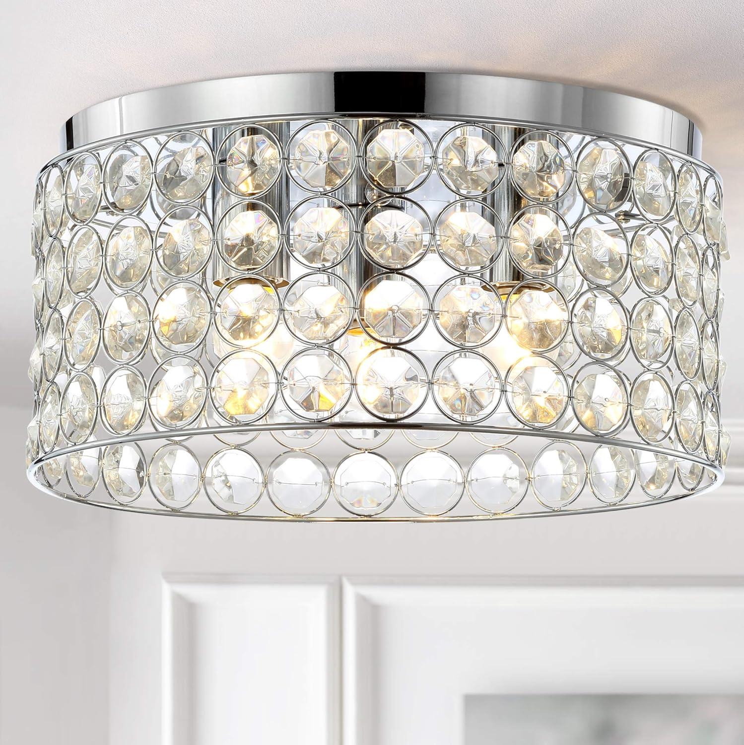 image:imageJONATHAN Y 15 Chrome 3Light Crystal and Iron Flush Mount Glam Modern Drum Ceiling Light Fixture for Hallway Bedroom Bathroom UL Listed LED Bulbs Included JYL6144A