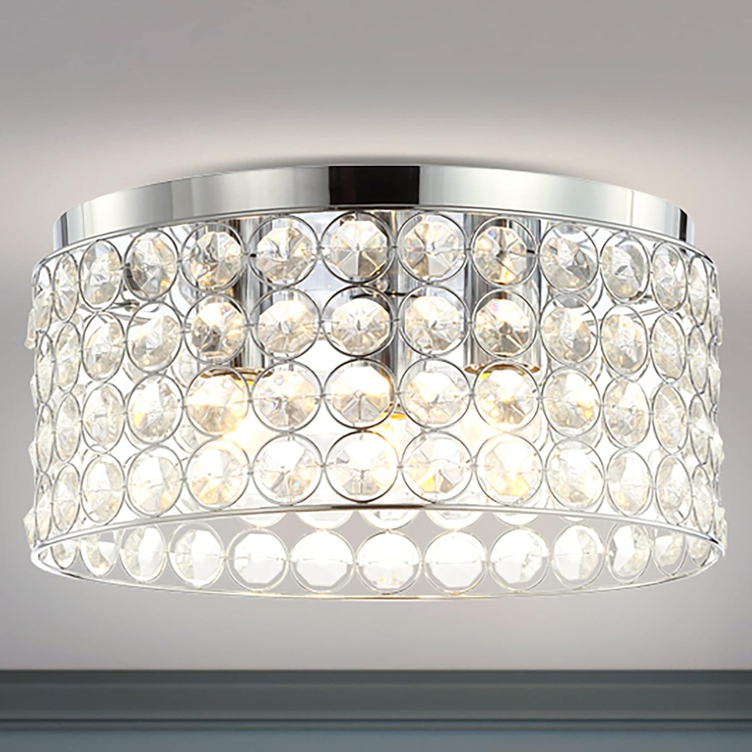 image:imageJONATHAN Y 15 Chrome 3Light Crystal and Iron Flush Mount Glam Modern Drum Ceiling Light Fixture for Hallway Bedroom Bathroom UL Listed LED Bulbs Included JYL6144A