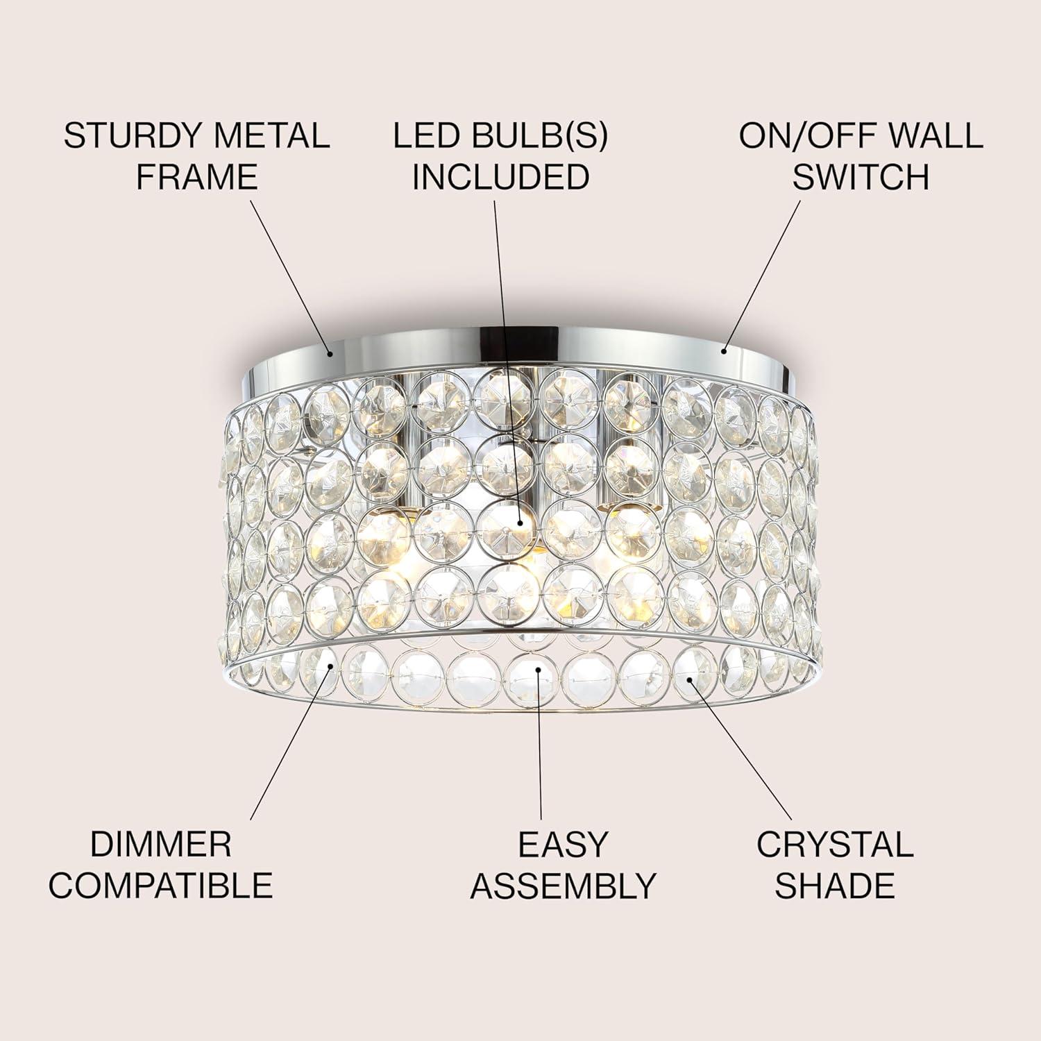 image:imageJONATHAN Y 15 Chrome 3Light Crystal and Iron Flush Mount Glam Modern Drum Ceiling Light Fixture for Hallway Bedroom Bathroom UL Listed LED Bulbs Included JYL6144A
