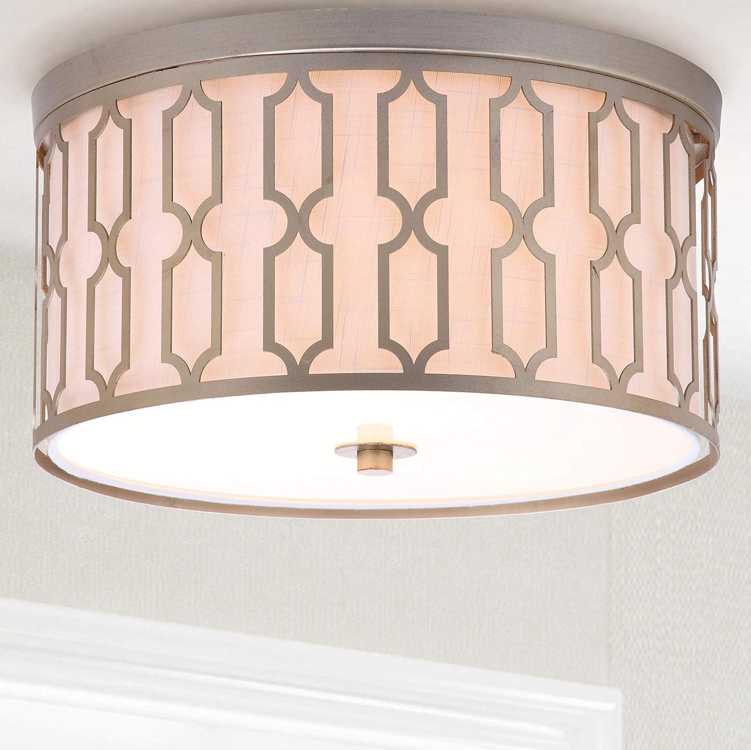 image:imageJONATHAN Y 1675 Oil Rubbed Bronze 3Light LED Flush Mount Ceiling Light Modern Geometric Metal Fixture for Bedroom Hallway White Linen Shade LED Bulbs Included JYL3508ASoft Gold