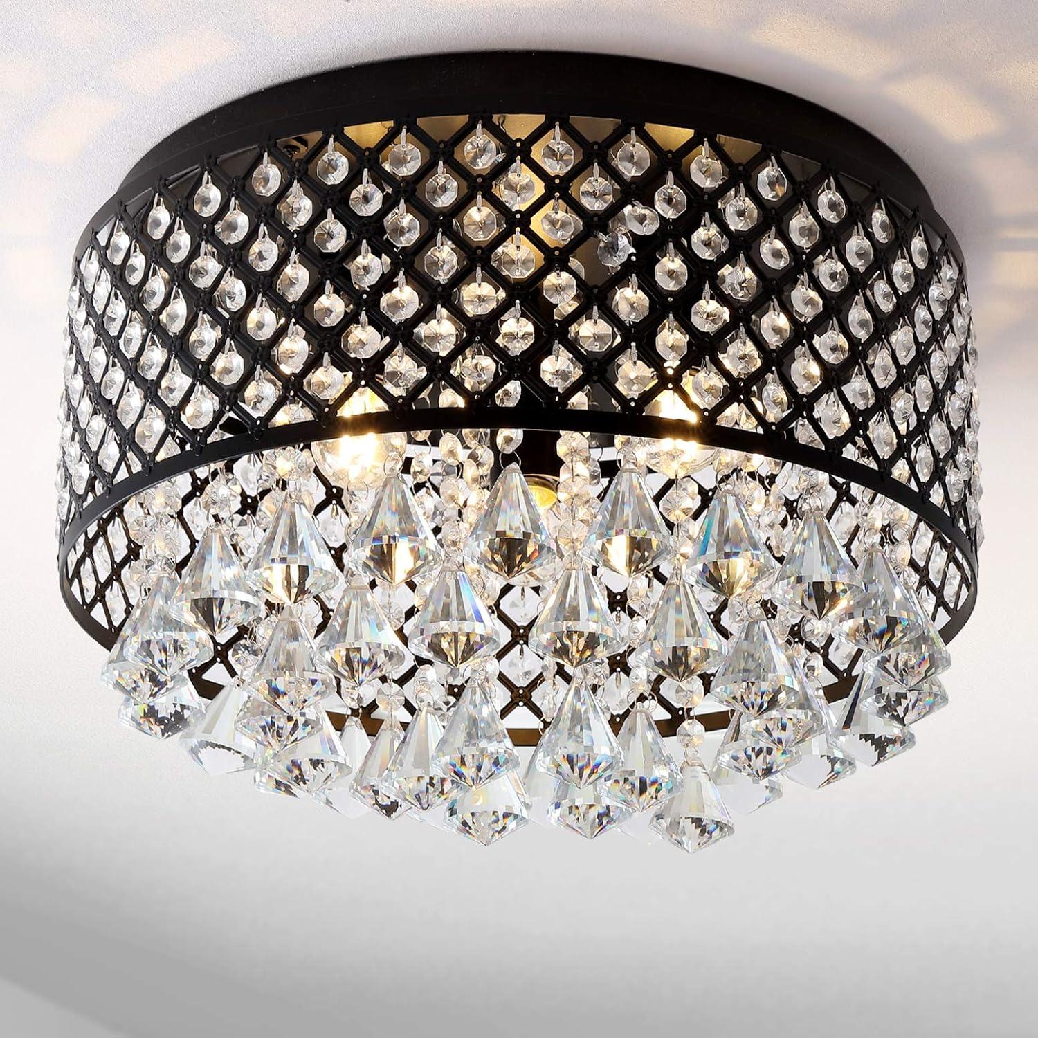 image:imageJONATHAN Y 17 Black LED Flush Mount Ceiling Light 3Light Modern Glam Chandelier for Bedroom Living Room Hallway Dimmable Metal Trellis with Clear Crystal Drops JYL6143ABlackClear