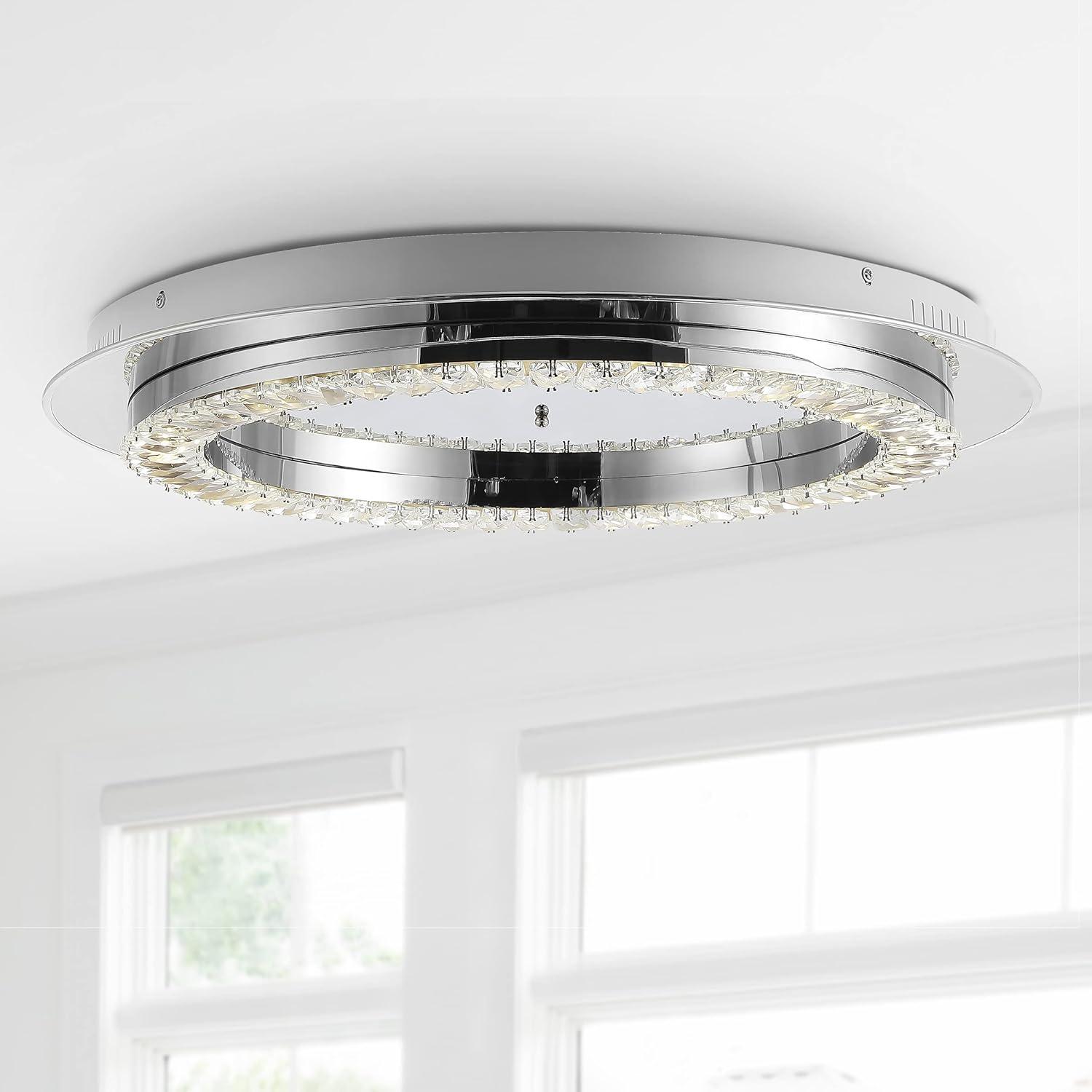 image:imageJONATHAN Y 24 ChromeClear Modern LED Flush Mount Ceiling Light Glam Round Fixture for Hallway Closet Bathroom Low Profile Integrated LED Clear Crystal Drum Shade JYL7217A24 in