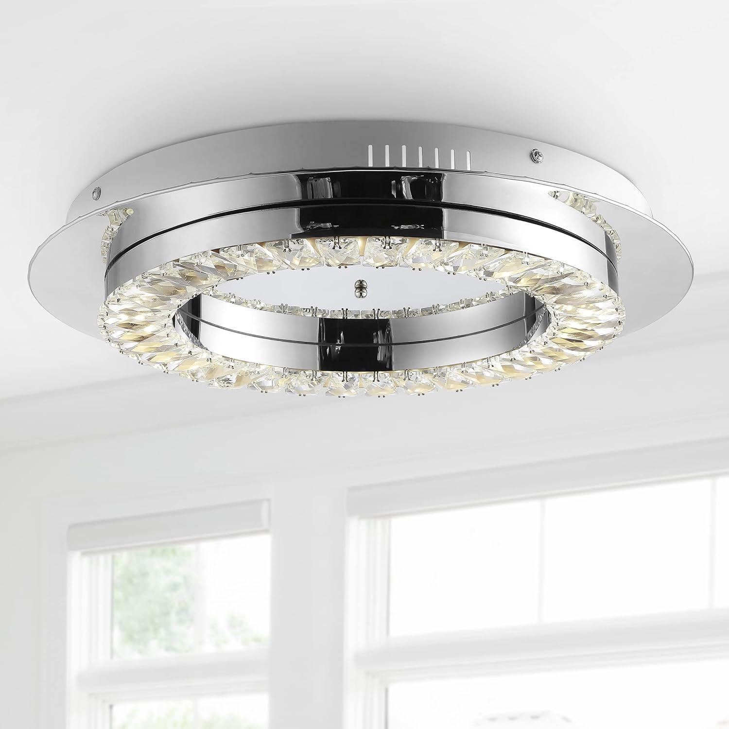 image:imageJONATHAN Y 24 ChromeClear Modern LED Flush Mount Ceiling Light Glam Round Fixture for Hallway Closet Bathroom Low Profile Integrated LED Clear Crystal Drum Shade JYL7217A18 in