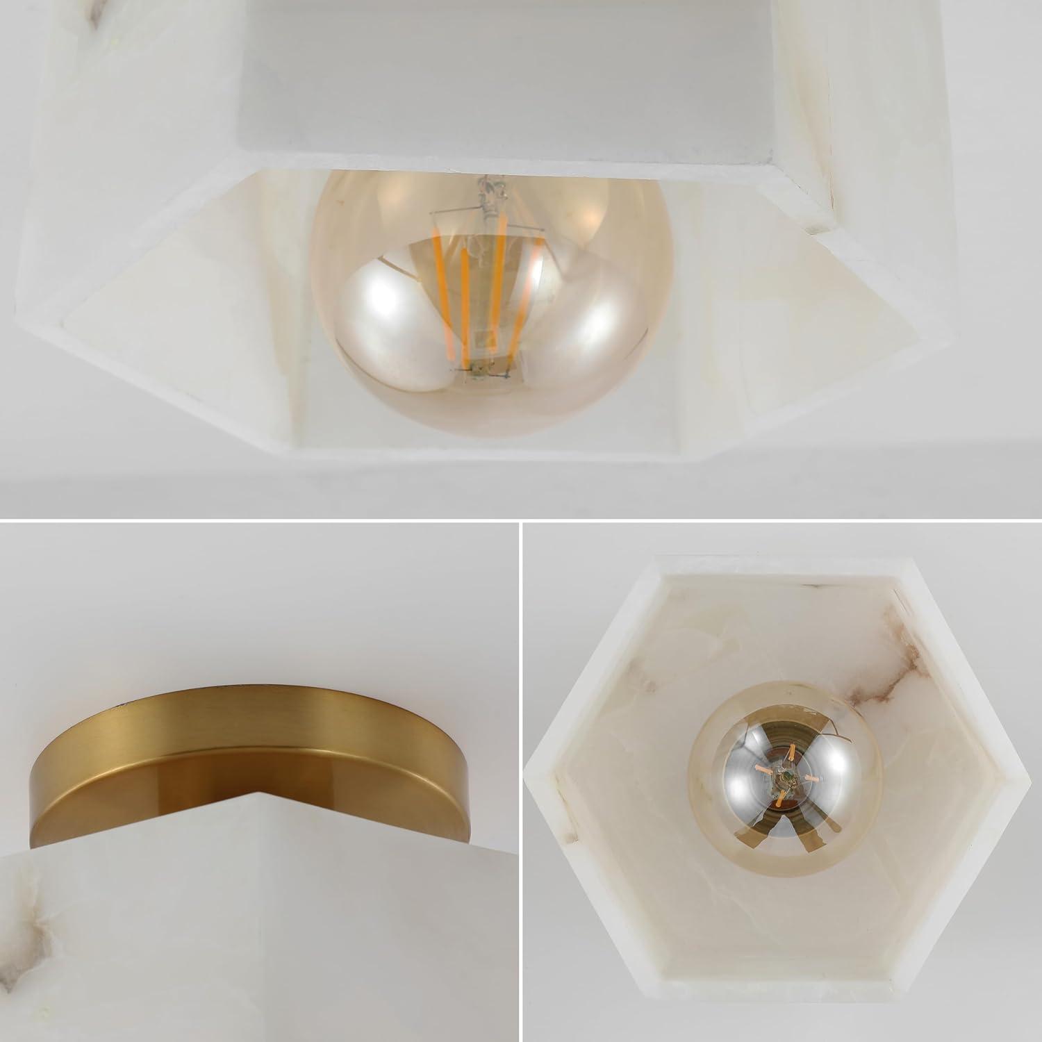 image:imageJONATHAN Y 8 White MarblingBlack Modern 1Light Hexagonal LED Semi Flush Mount Ceiling Light White Alabaster Marble Shade Glam Lamp for Hallway Bedroom Bathroom LED Bulb Included JYL1204BWhite MarblingBrass Gold