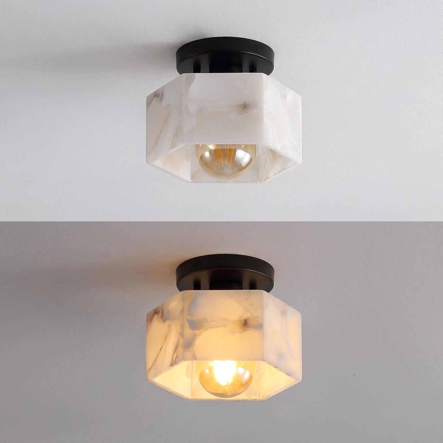 image:imageJONATHAN Y 8 White MarblingBlack Modern 1Light Hexagonal LED Semi Flush Mount Ceiling Light White Alabaster Marble Shade Glam Lamp for Hallway Bedroom Bathroom LED Bulb Included JYL1204BBlack with White Alabaster Shade