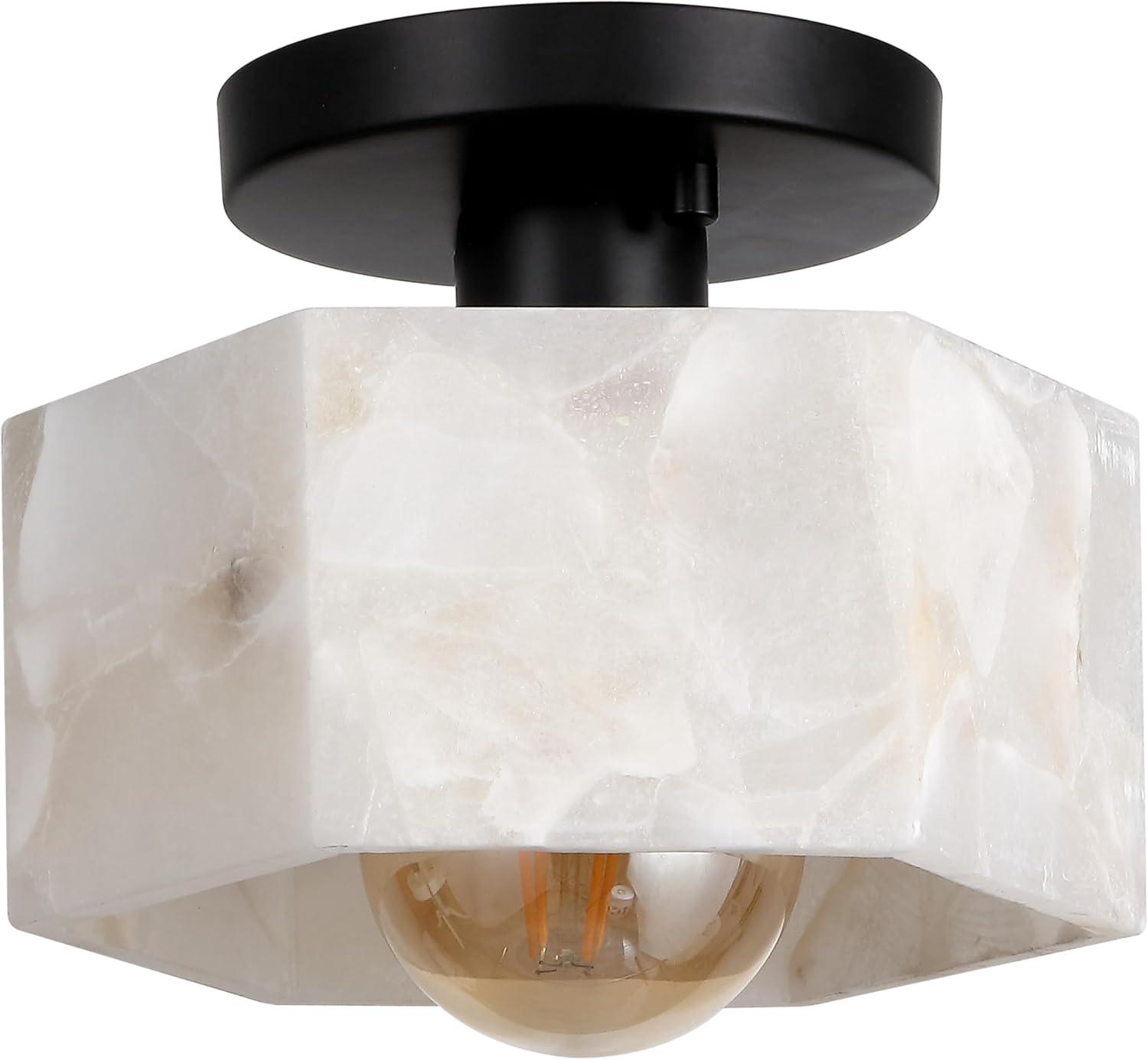 image:imageJONATHAN Y 8 White MarblingBlack Modern 1Light Hexagonal LED Semi Flush Mount Ceiling Light White Alabaster Marble Shade Glam Lamp for Hallway Bedroom Bathroom LED Bulb Included JYL1204BBlack with White Alabaster Shade